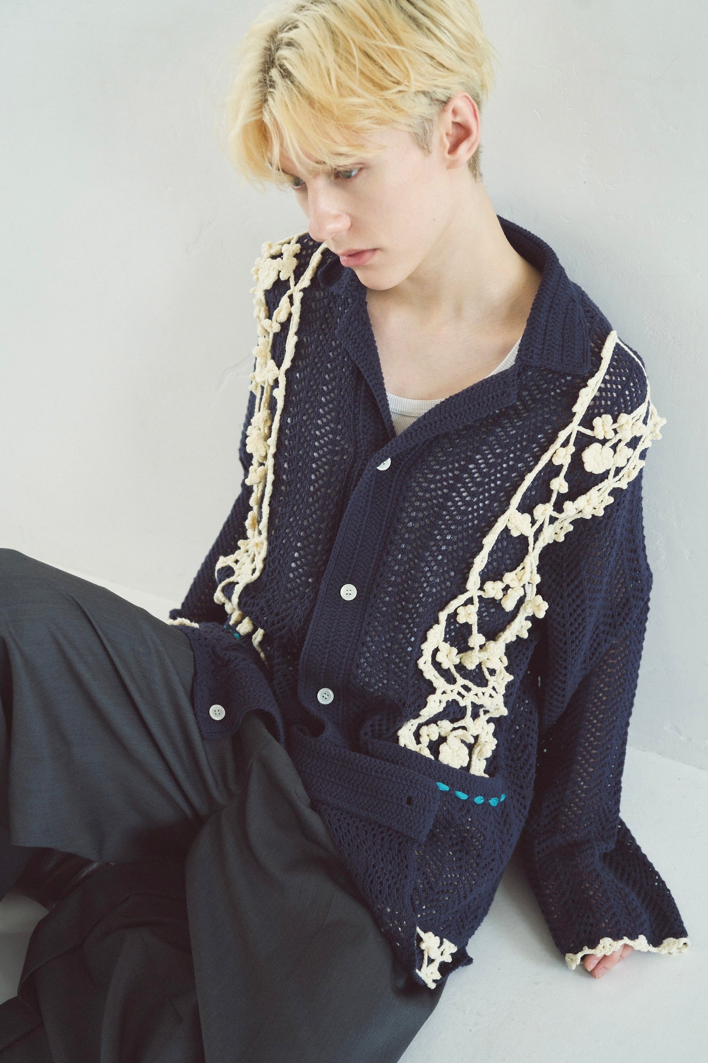 hand knit flower line Cuba shirt cardigan