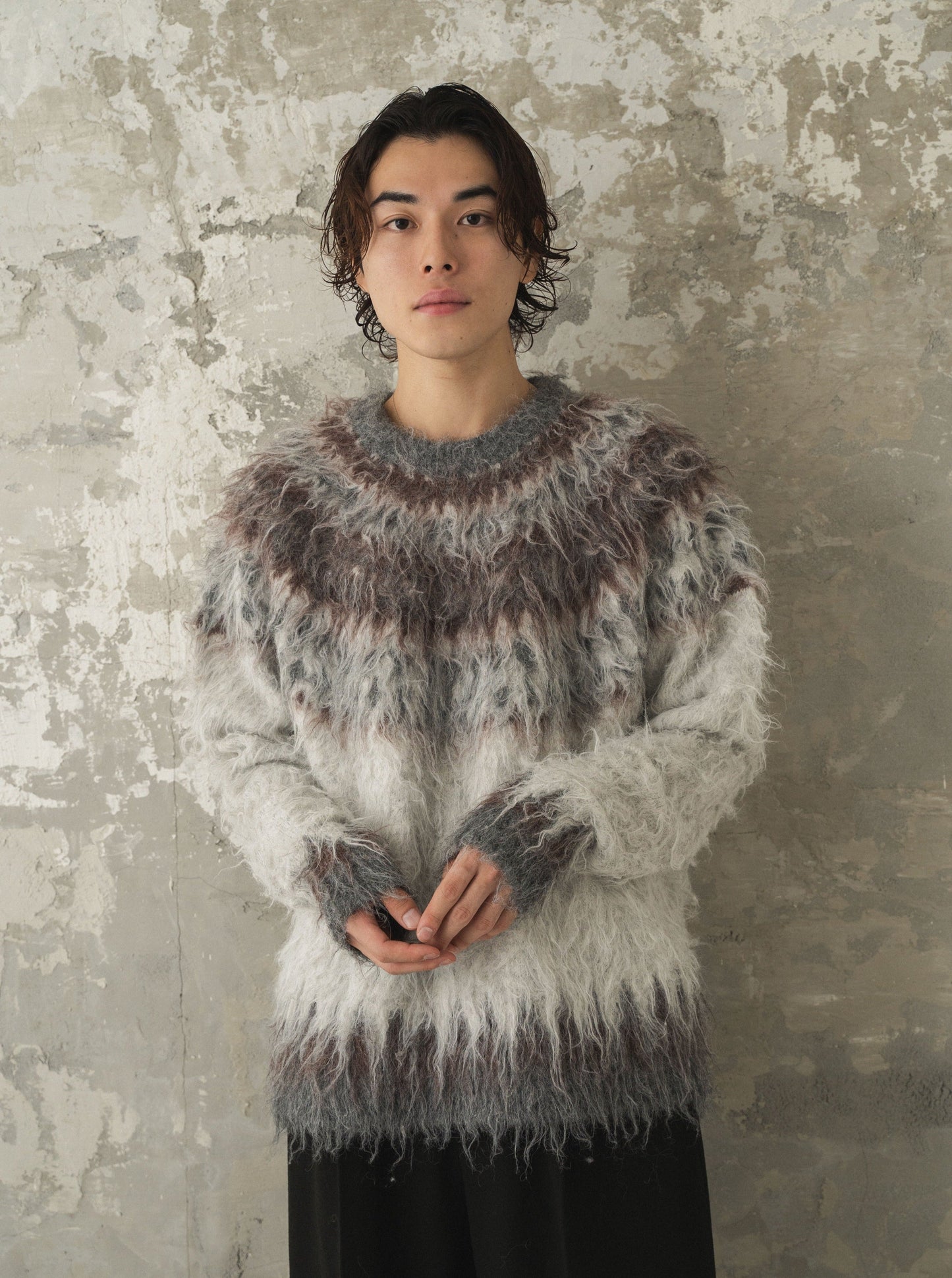 wool mix over shaggy nordic sweater