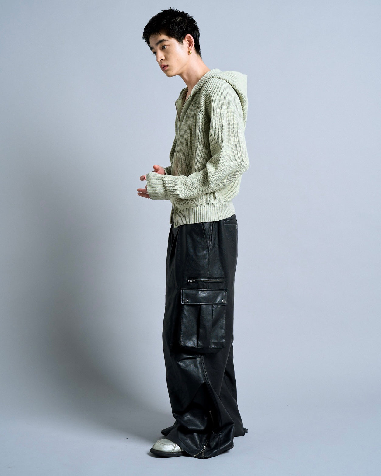 double zip mix yarn knit hoodie