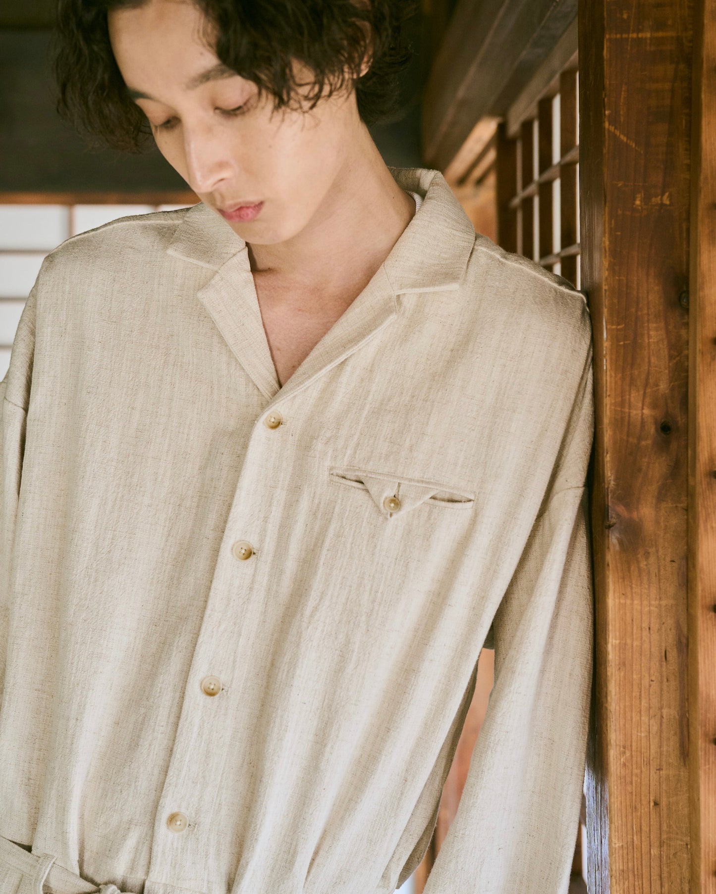 open collar cotton linen belted l/s jump suit