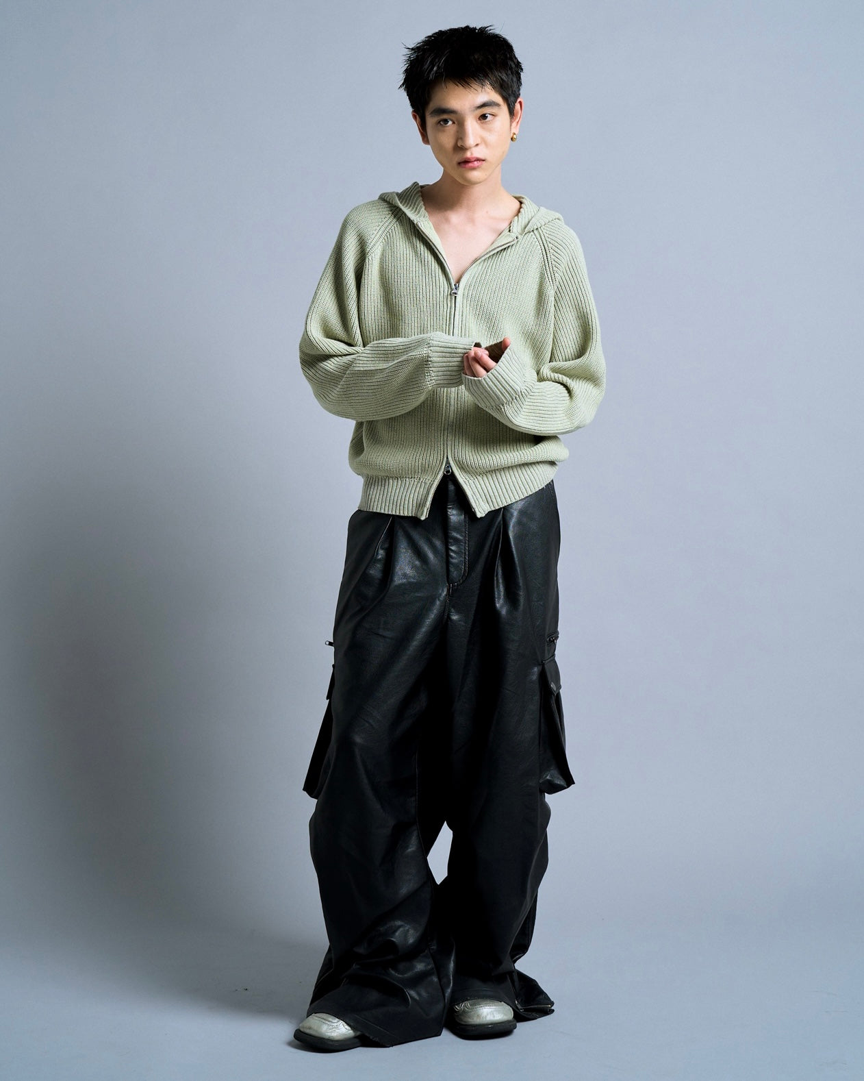 double zip mix yarn knit hoodie