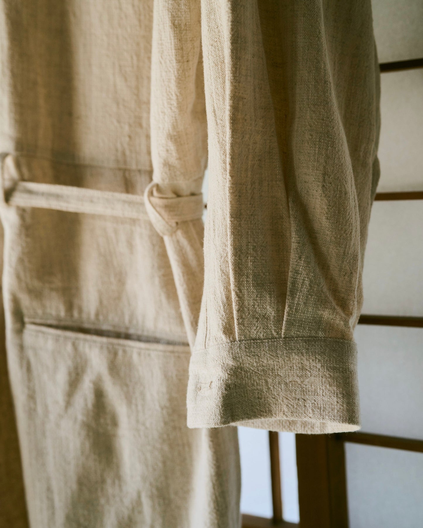 open collar cotton linen belted l/s jump suit