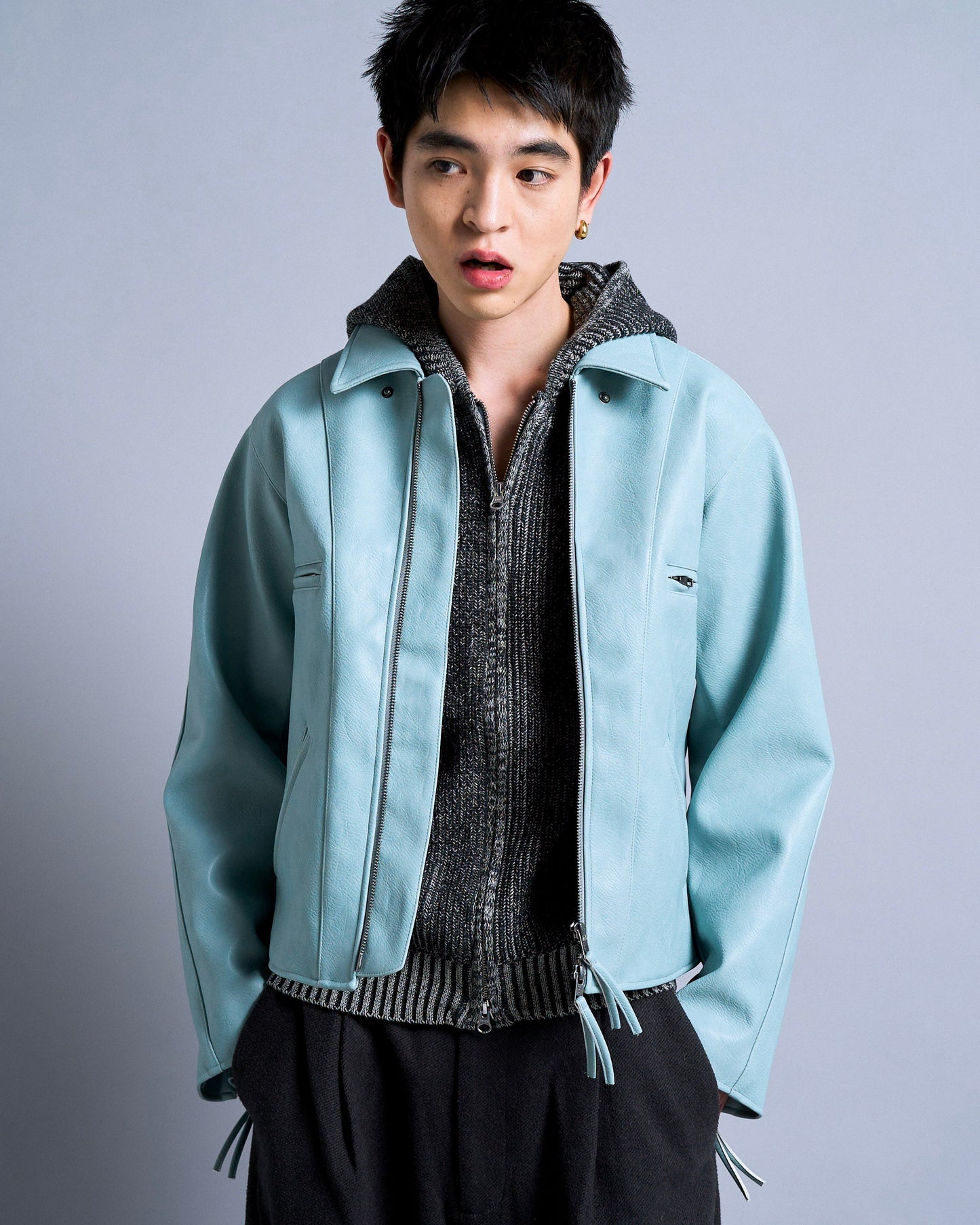 double zip mix yarn knit hoodie