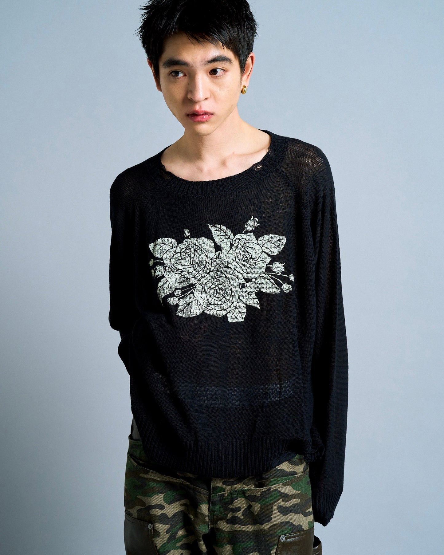 flower paint broken long sleeve sheer sweater