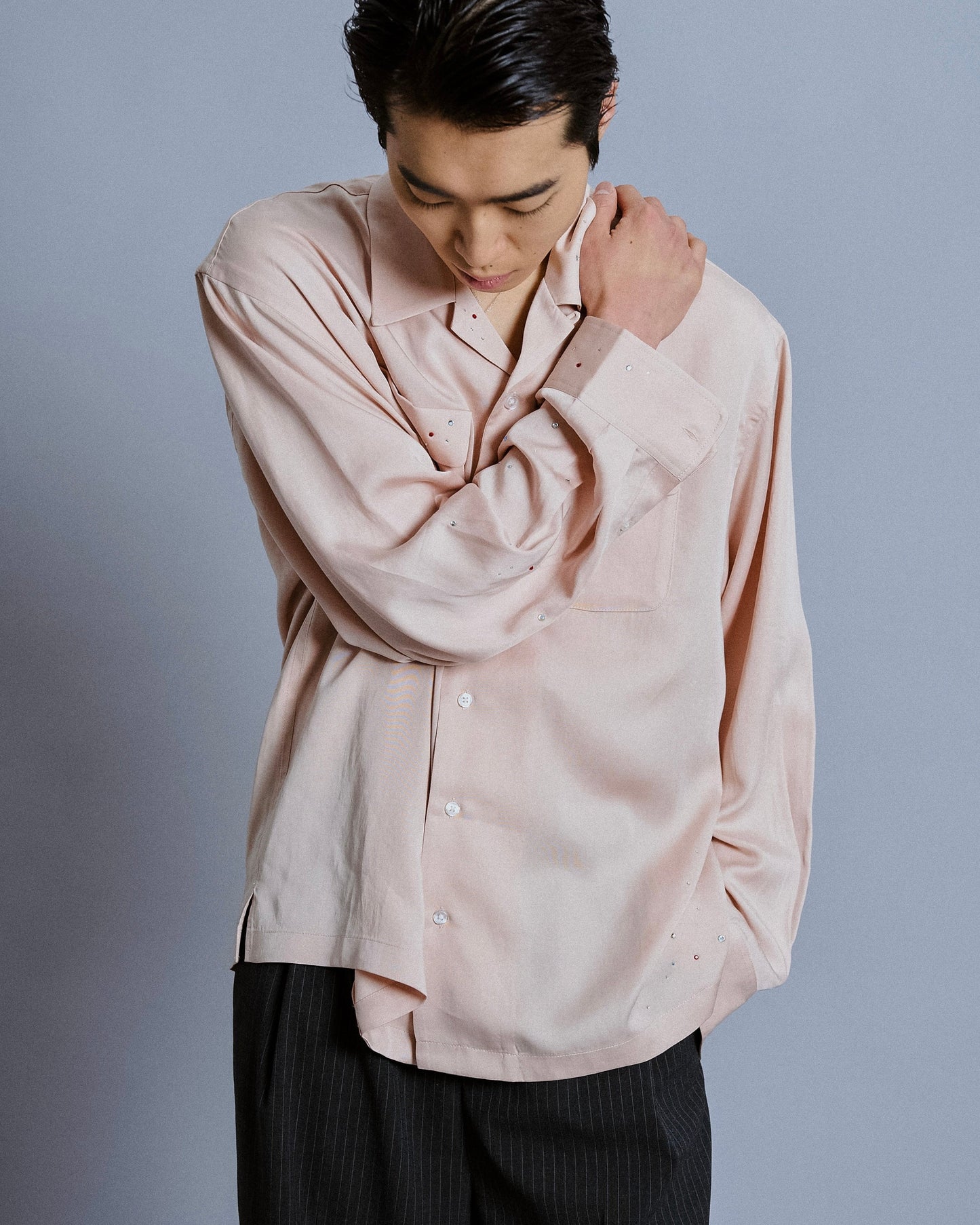 rhinestone rayon open collar l/s shirt