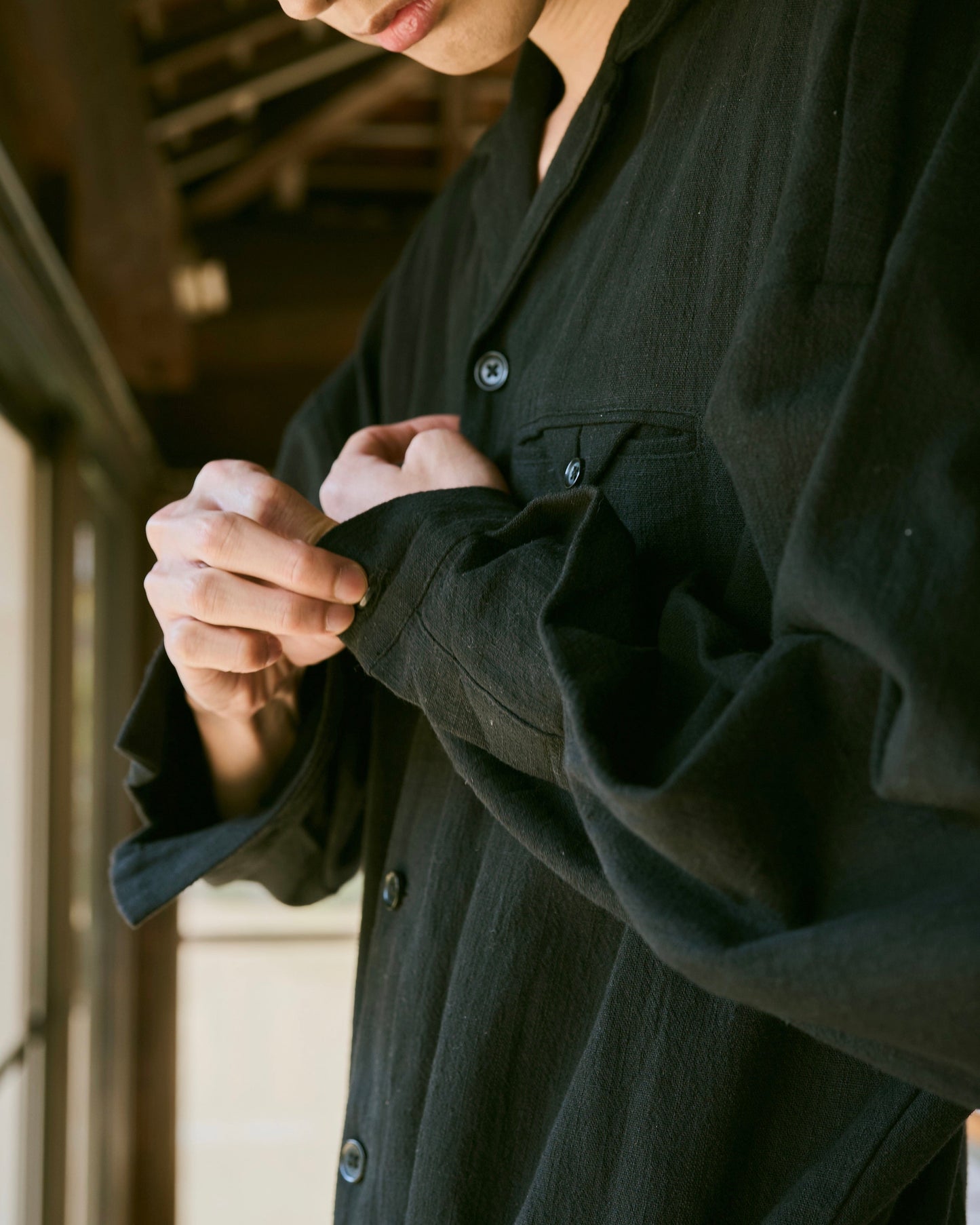 open collar cotton linen belted l/s jump suit