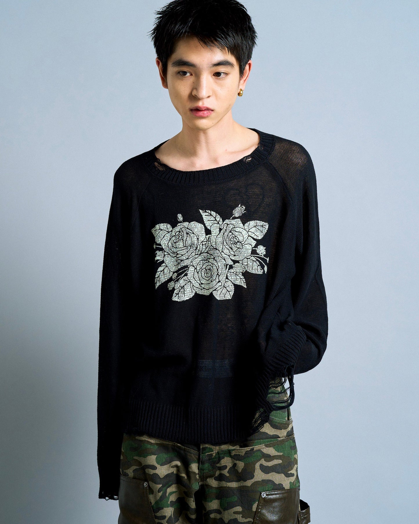 flower paint broken long sleeve sheer sweater