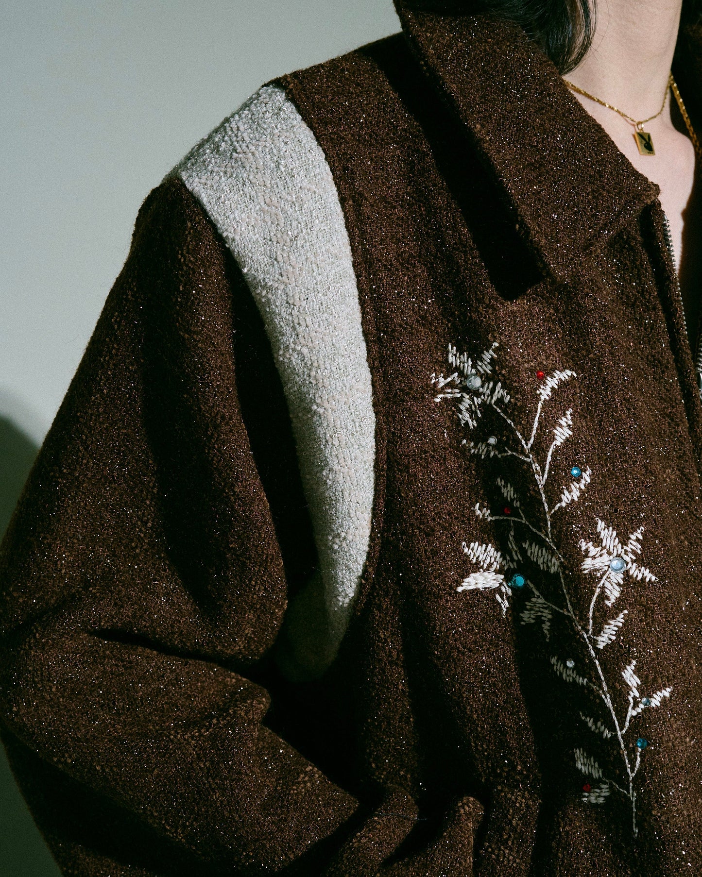 flower embroidery lame tweed varsity jacket