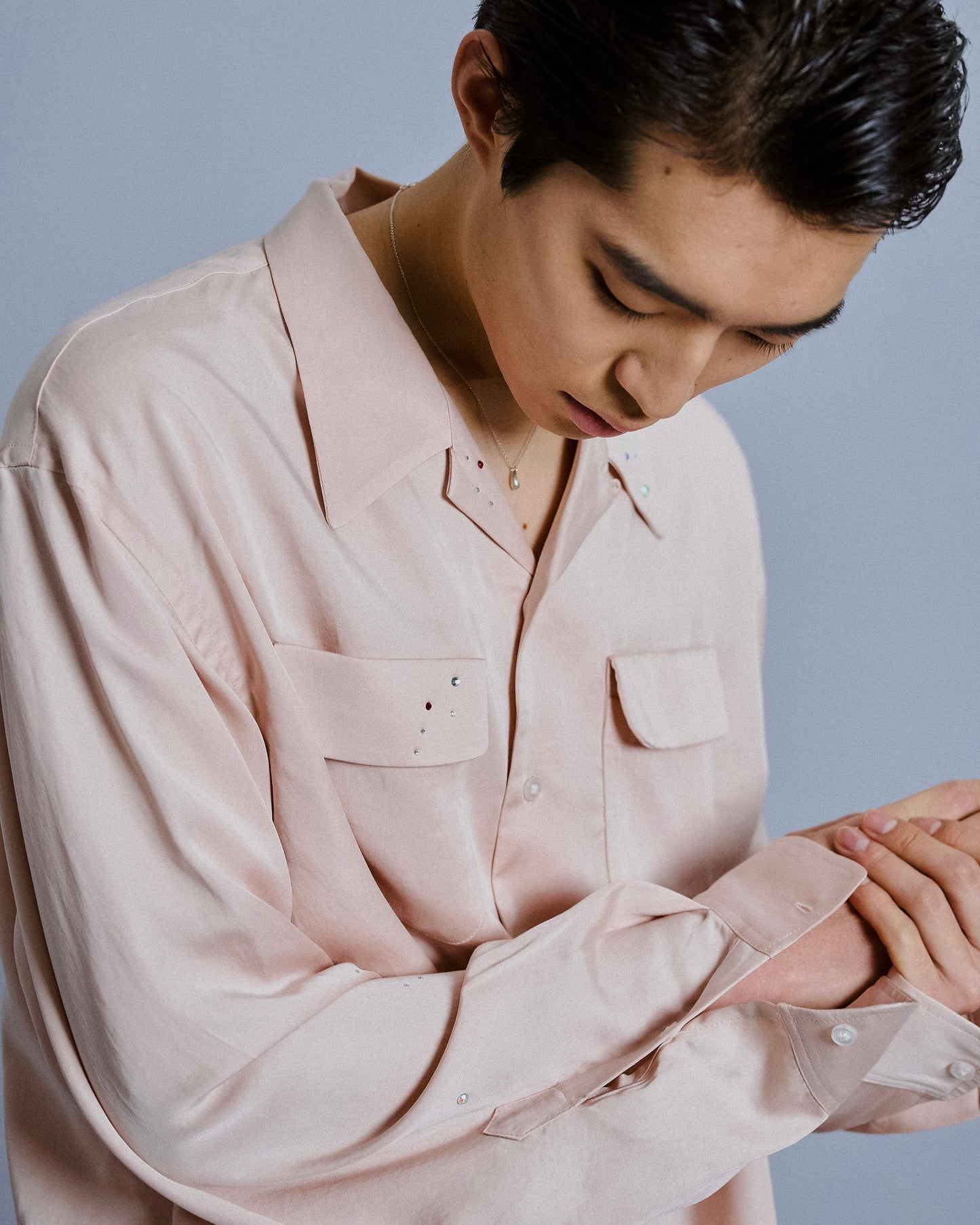 rhinestone rayon open collar l/s shirt