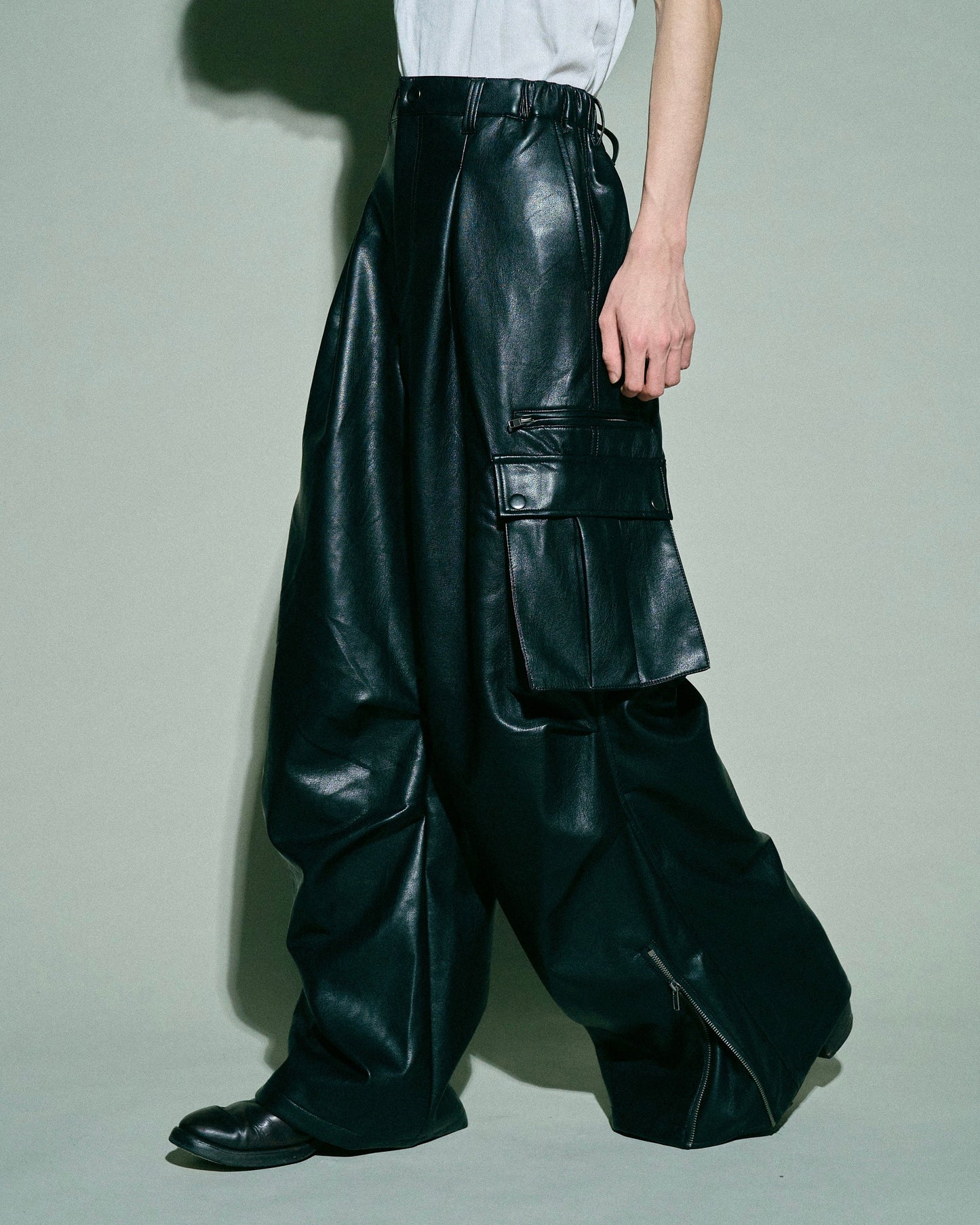 wide baggy faux leather parachute cargo trouser