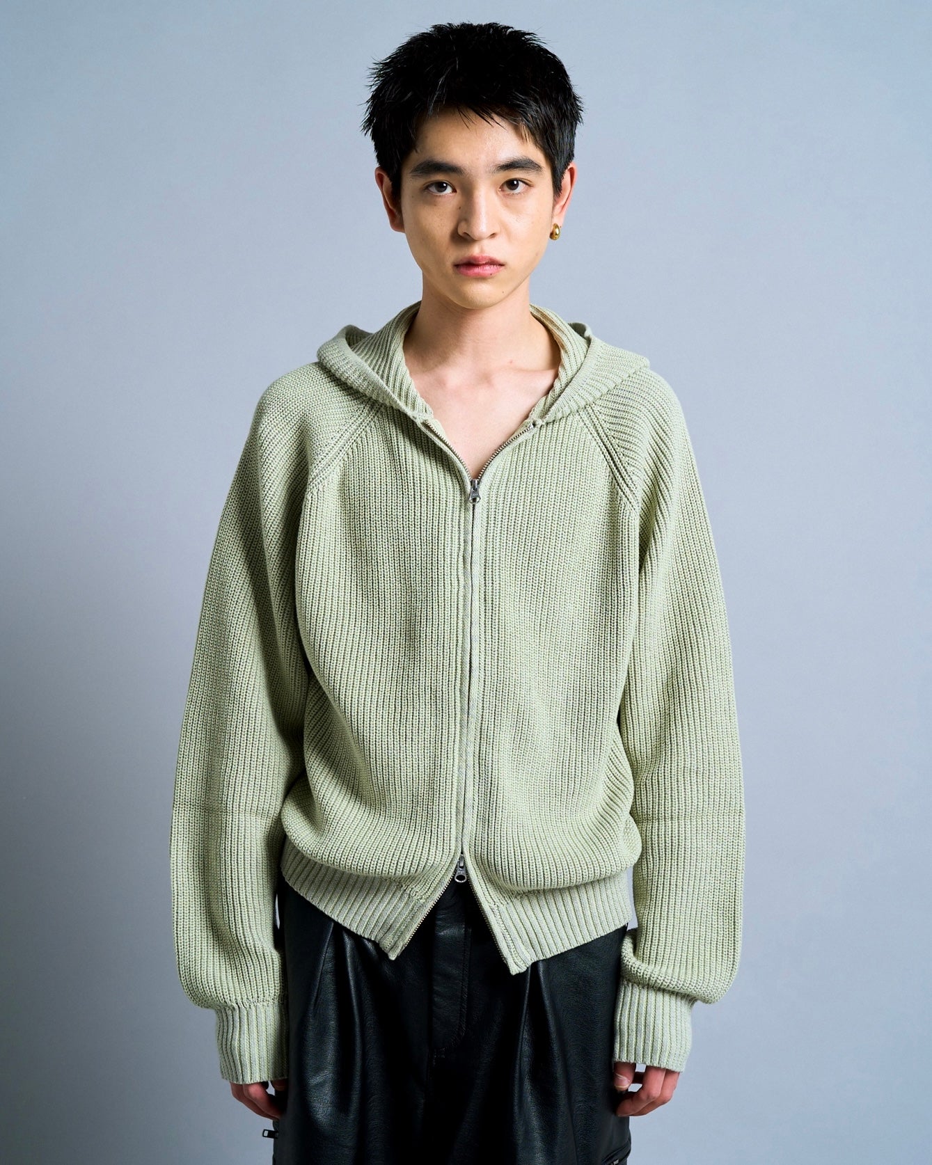 double zip mix yarn knit hoodie