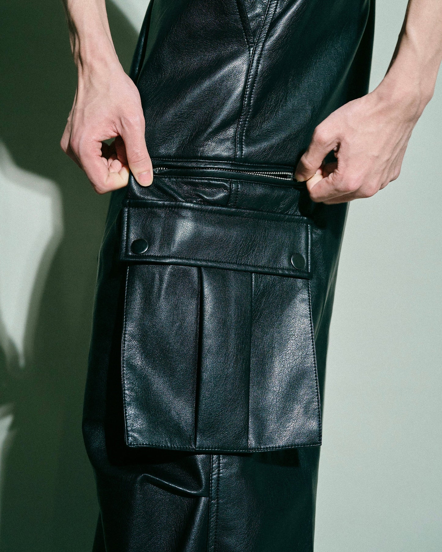 wide baggy faux leather parachute cargo trouser