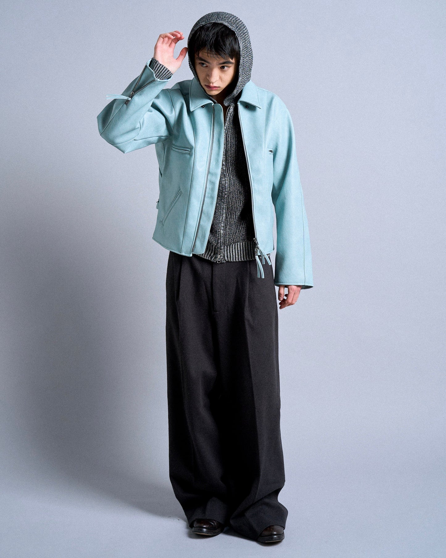 double zip mix yarn knit hoodie