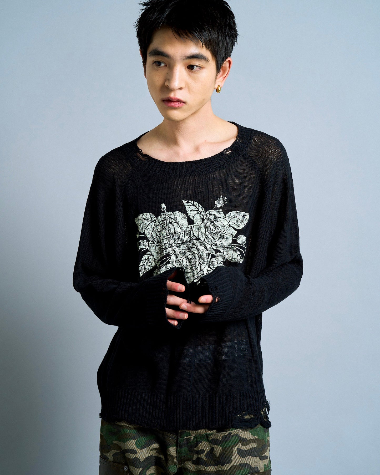 flower paint broken long sleeve sheer sweater
