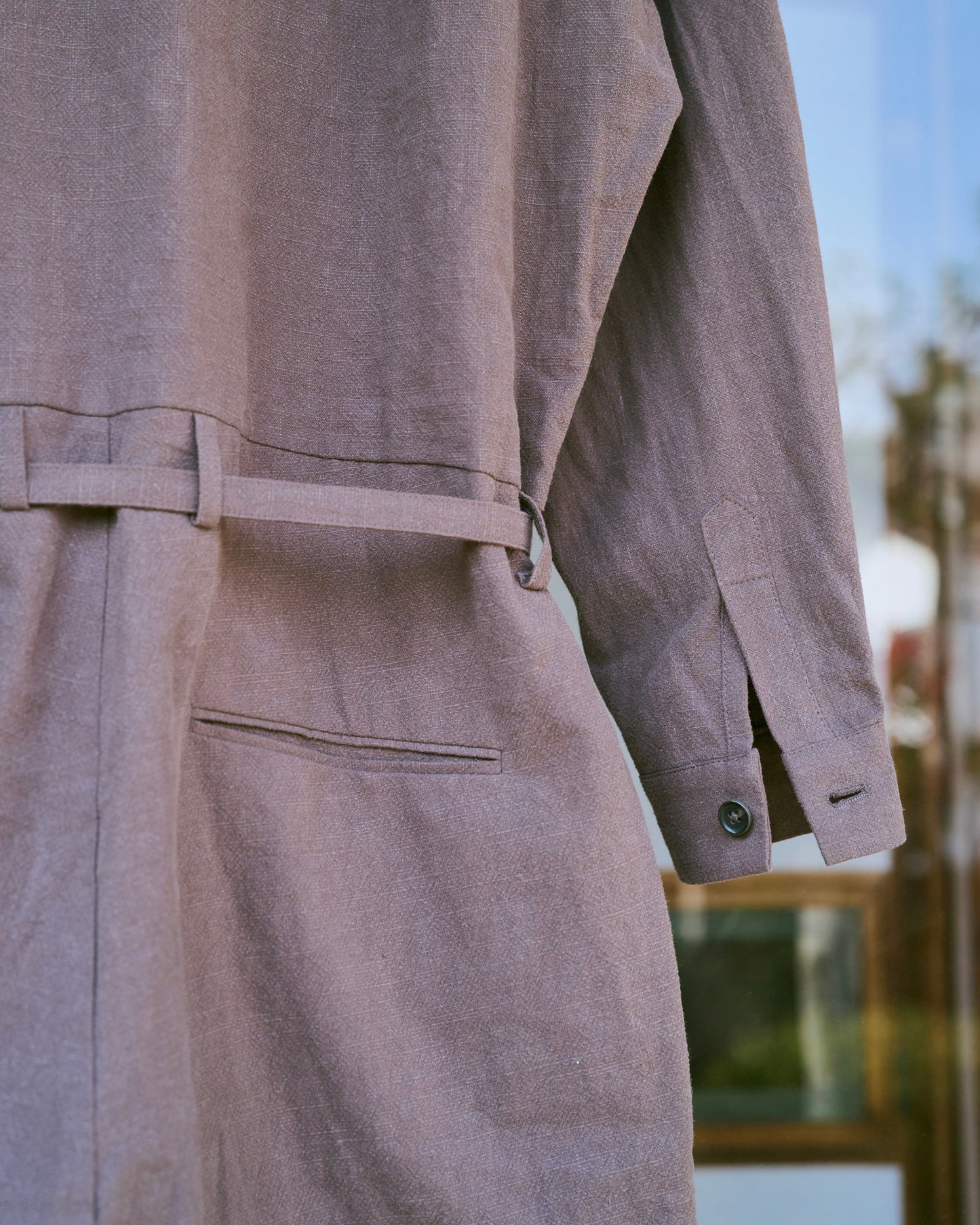 open collar cotton linen belted l/s jump suit