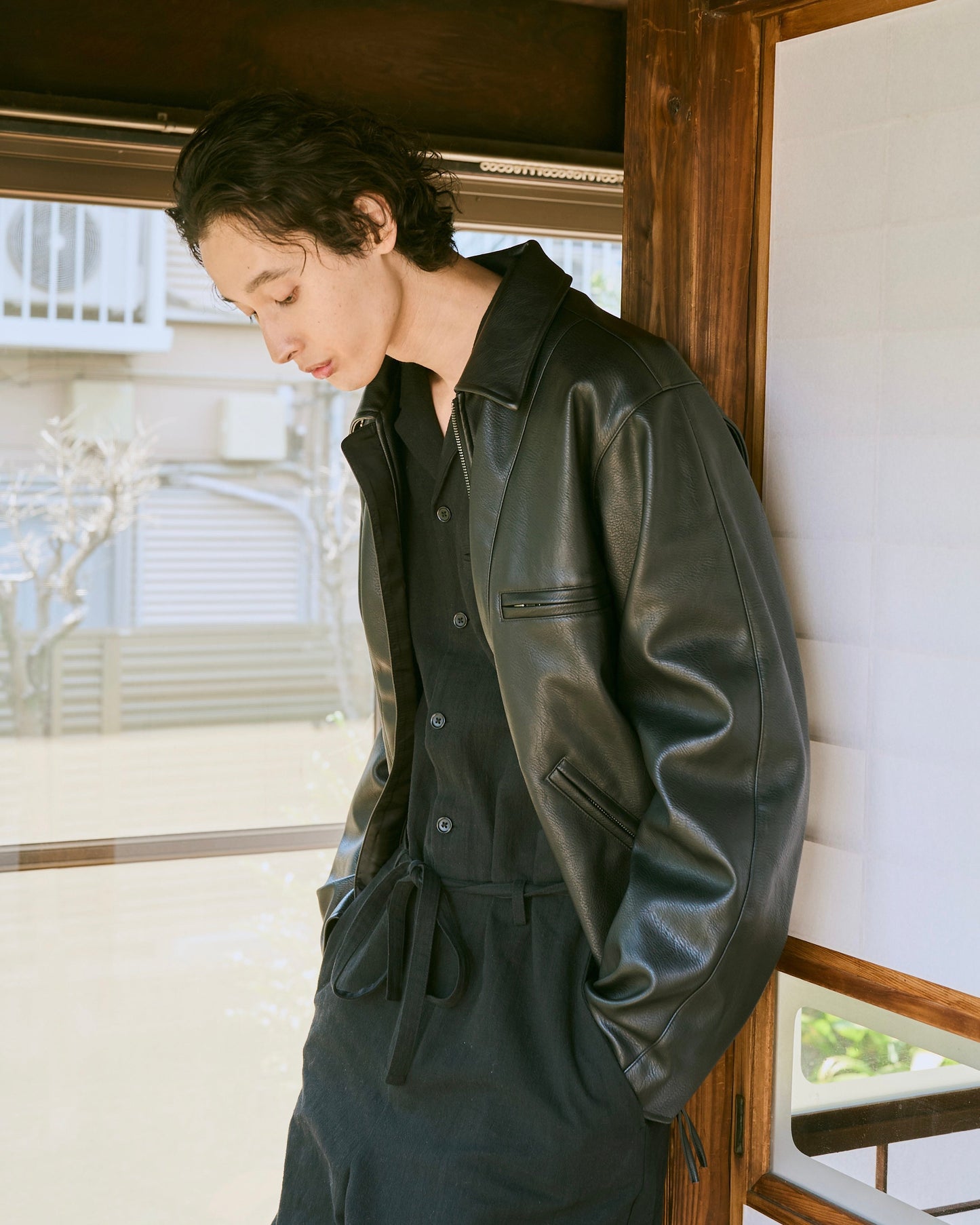 open collar cotton linen belted l/s jump suit