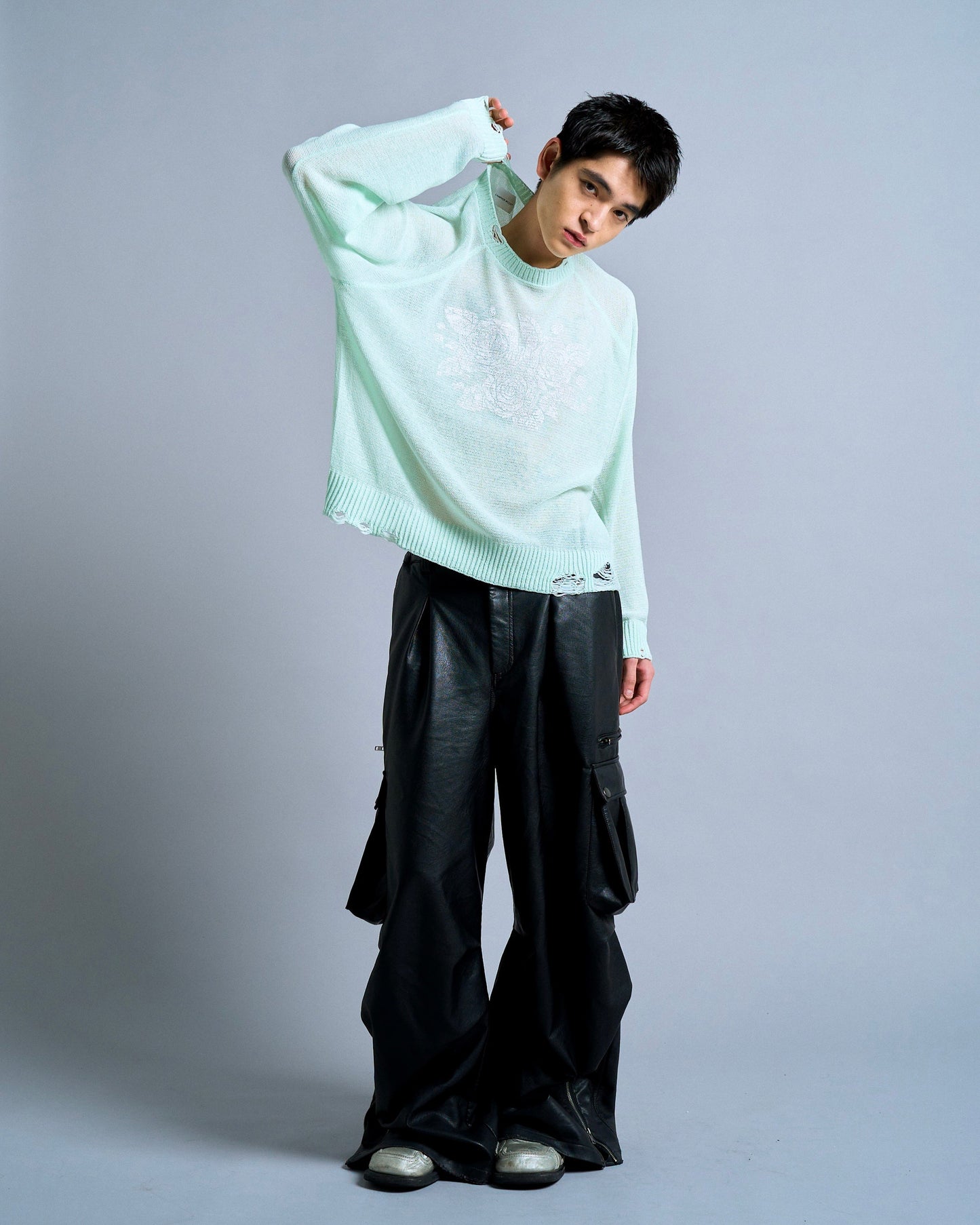 flower paint broken long sleeve sheer sweater