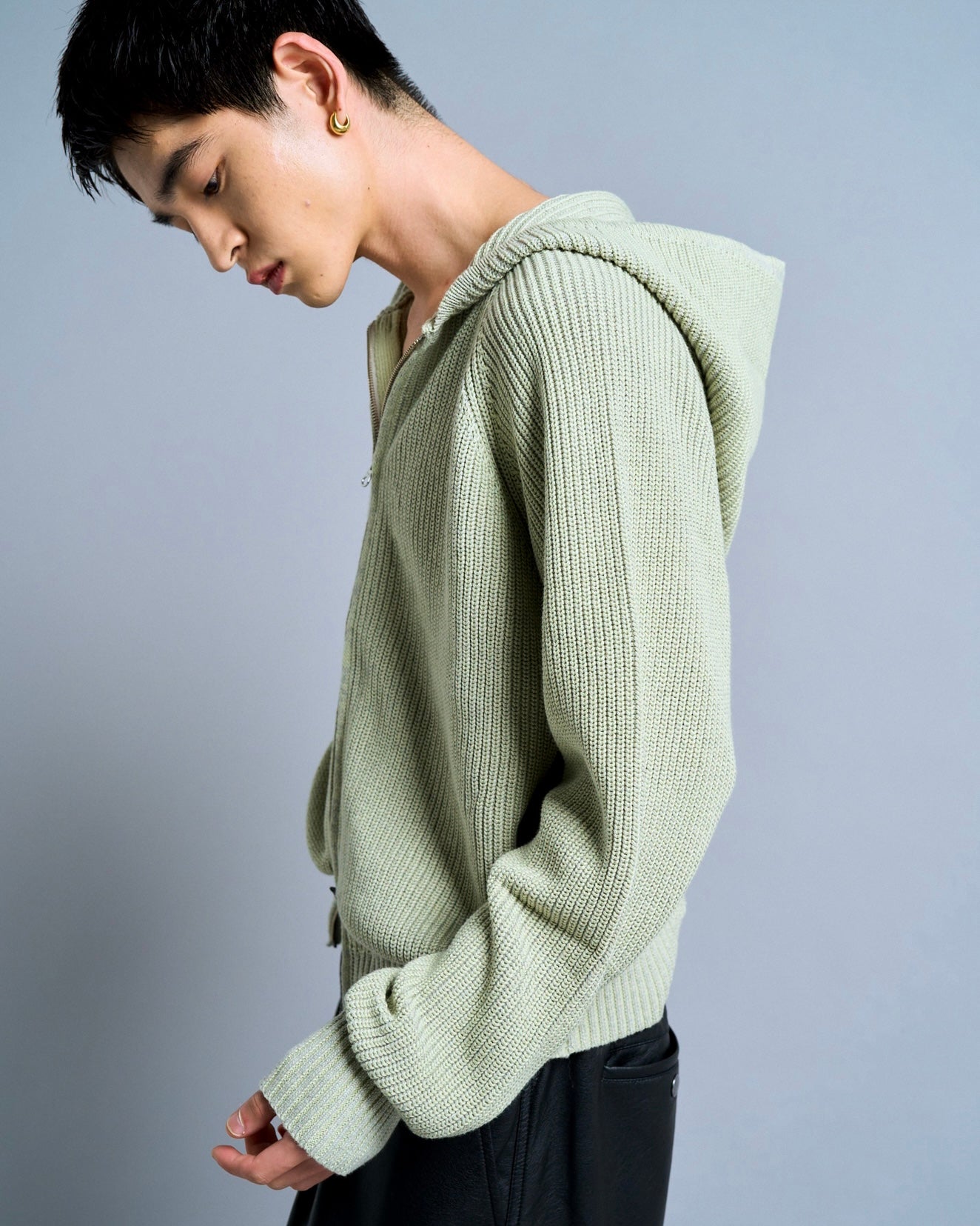 double zip mix yarn knit hoodie