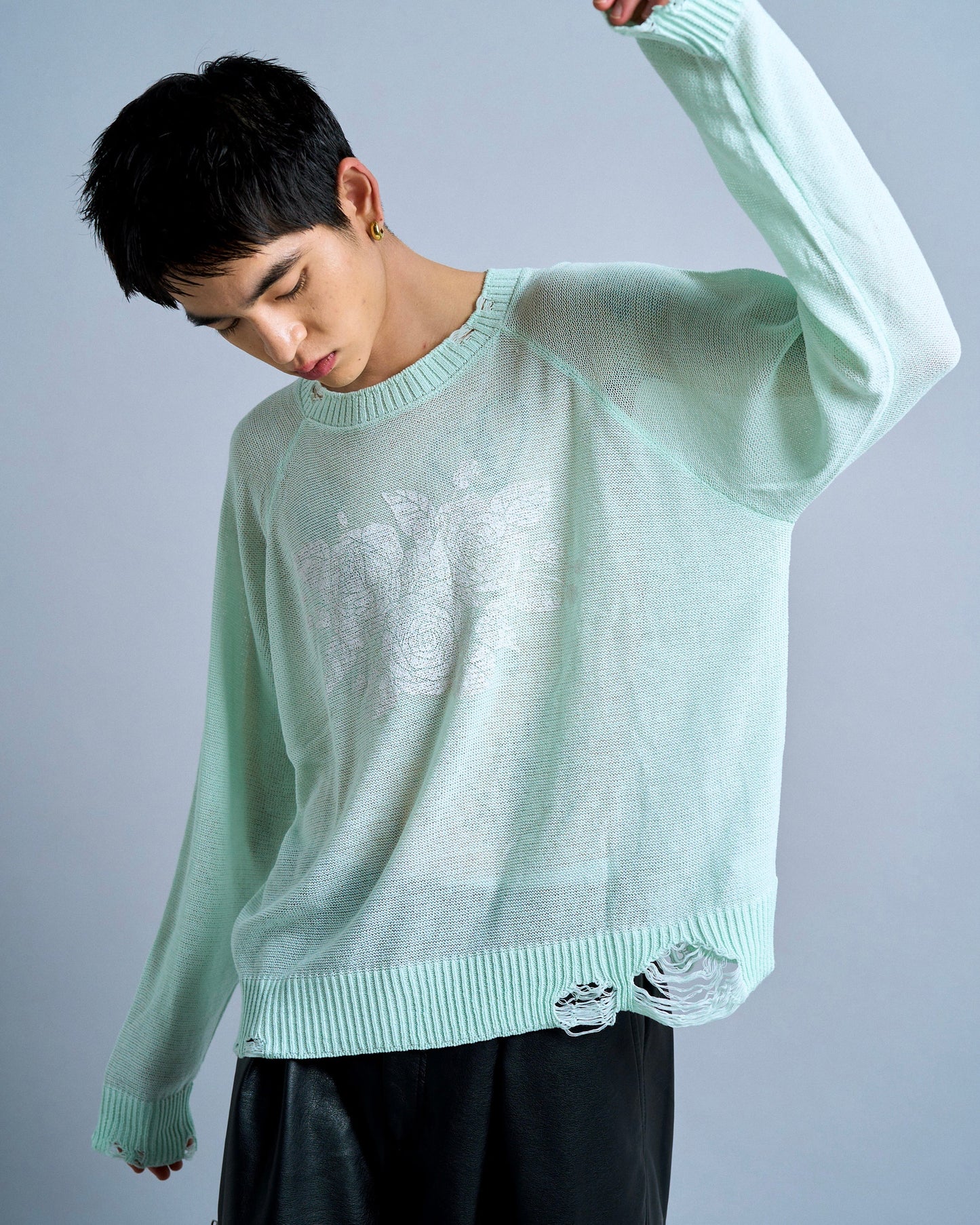flower paint broken long sleeve sheer sweater