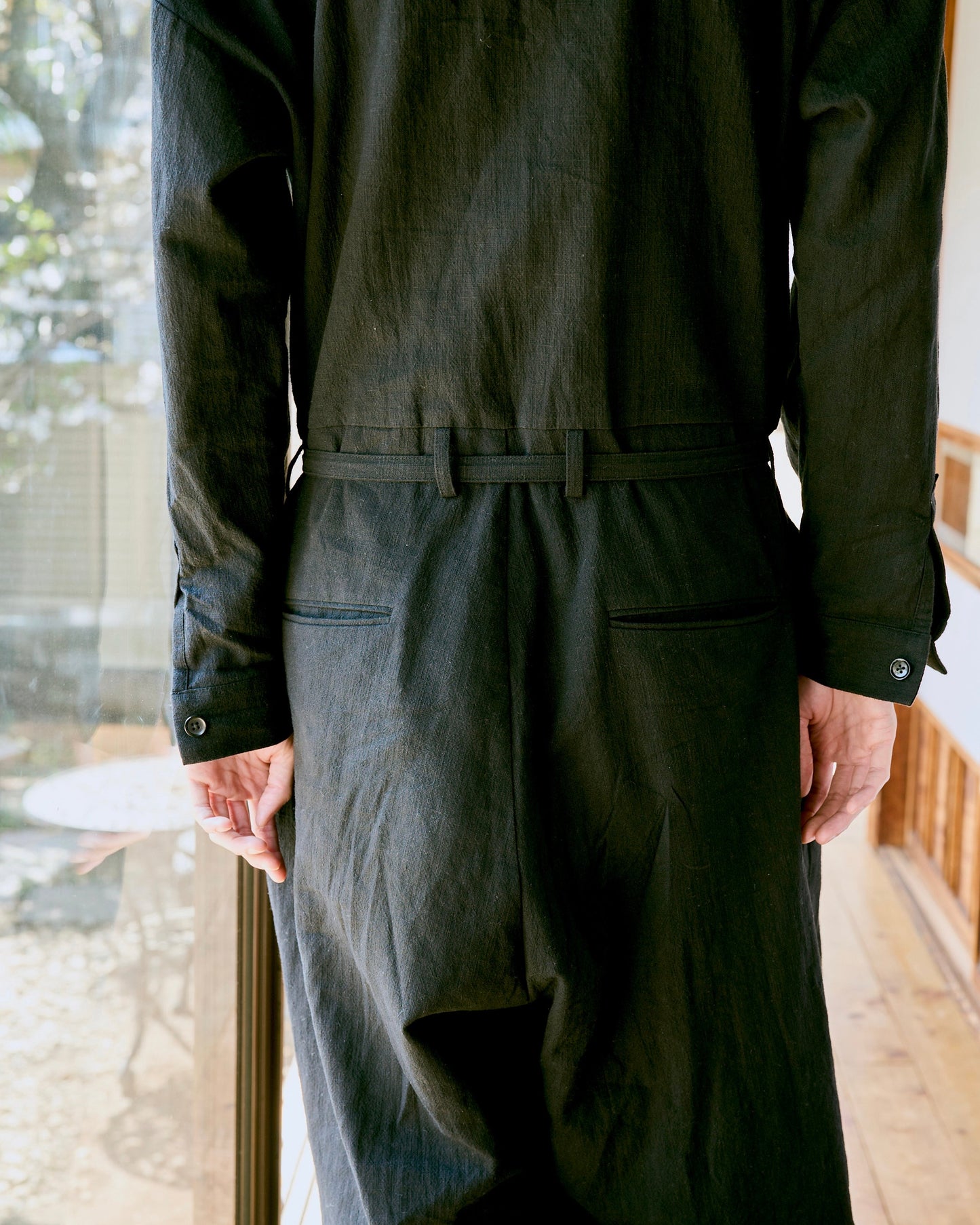 open collar cotton linen belted l/s jump suit