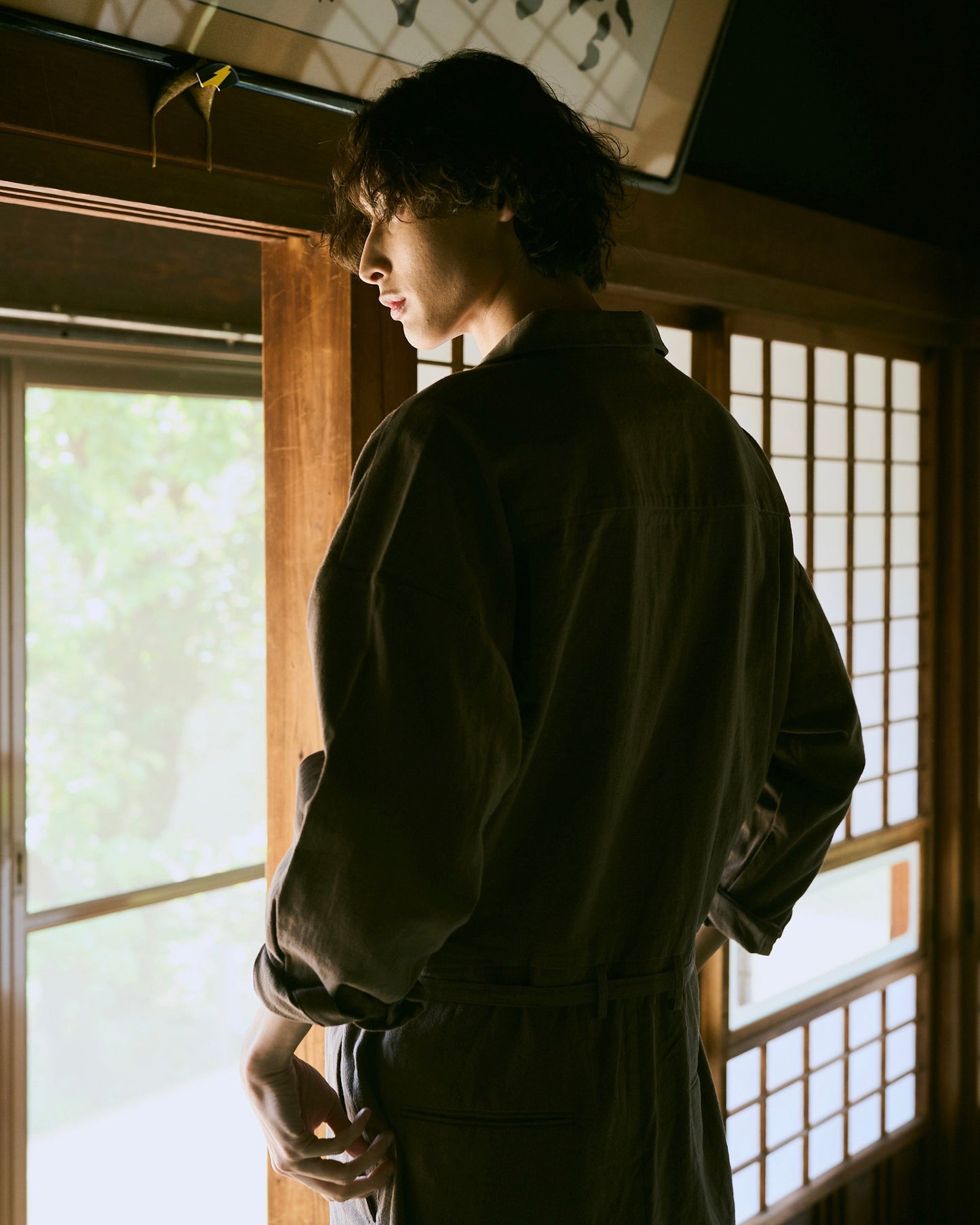 open collar cotton linen belted l/s jump suit