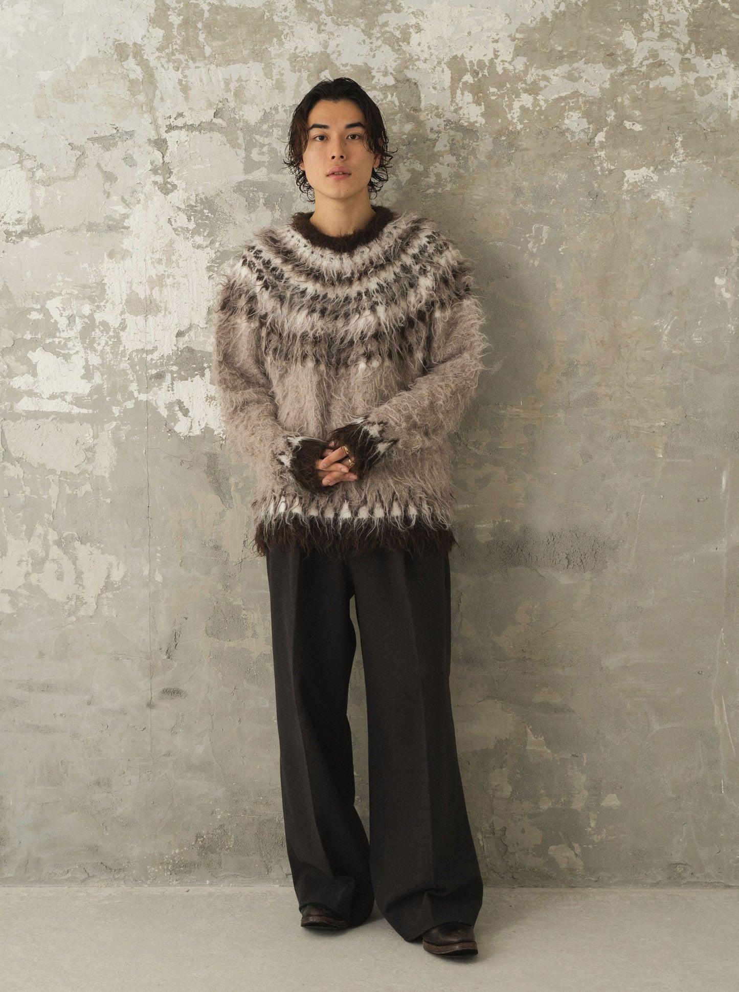 wool mix over shaggy nordic sweater