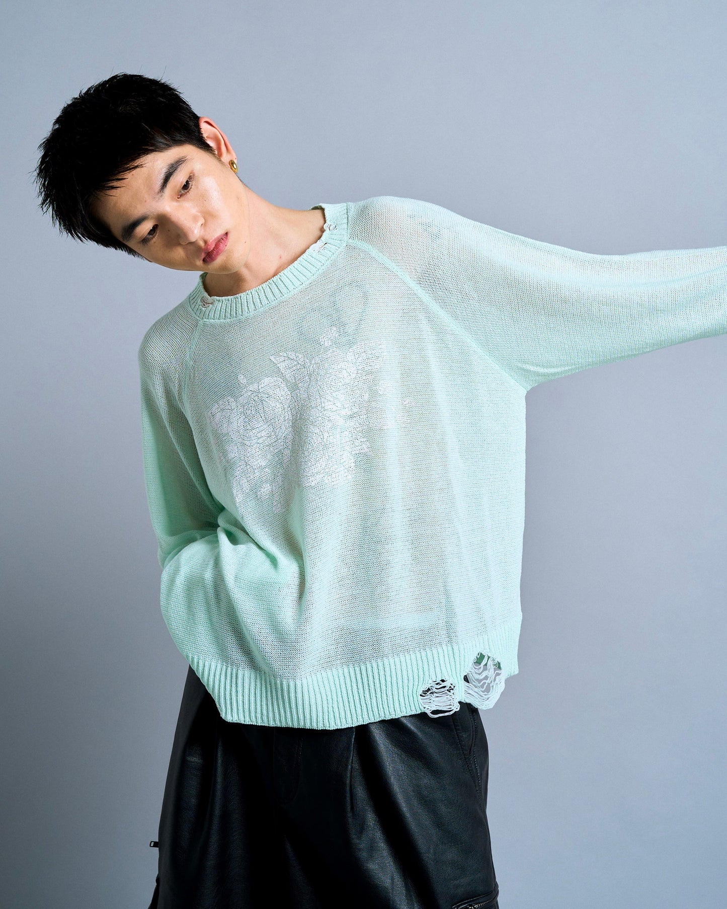 flower paint broken long sleeve sheer sweater