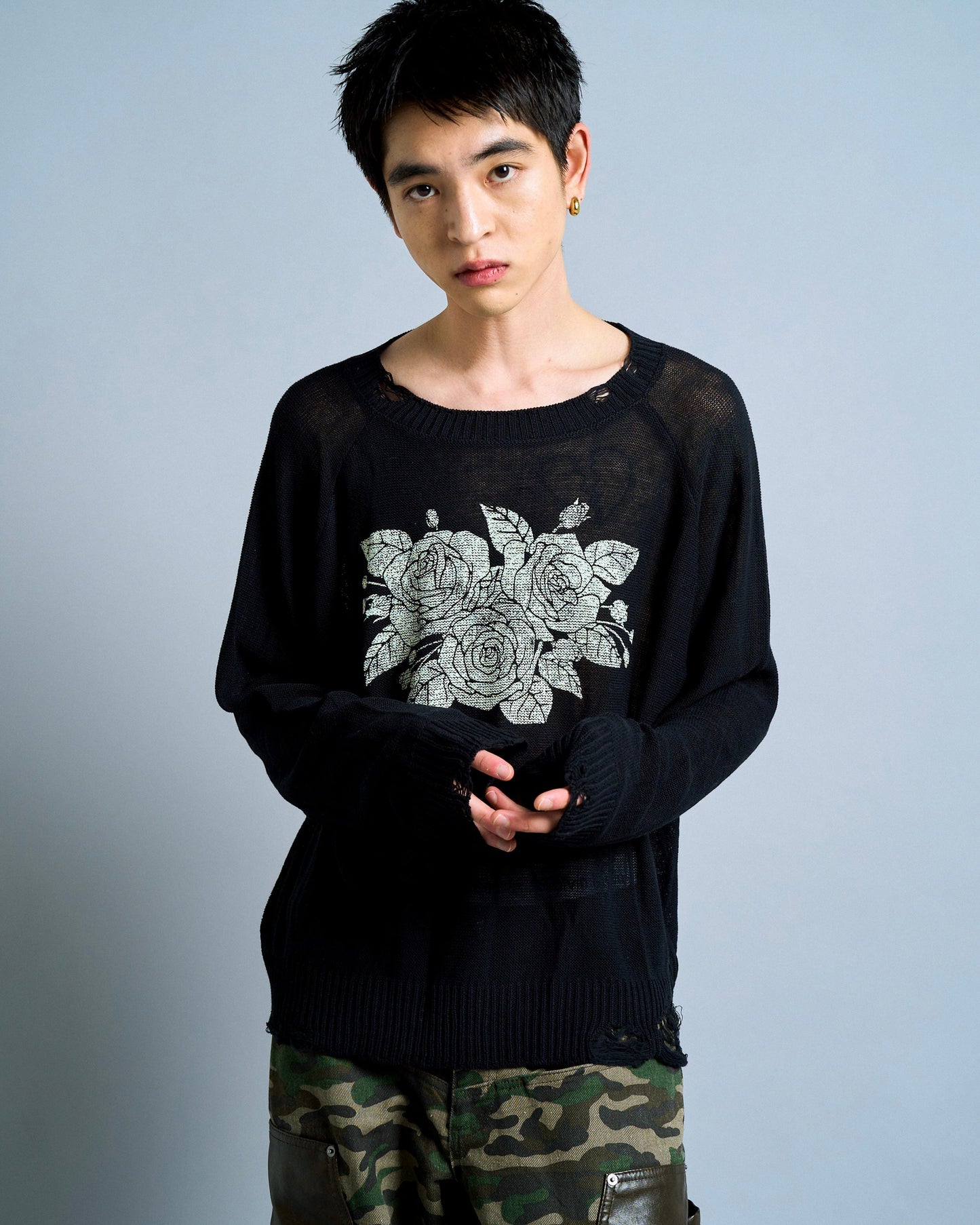 flower paint broken long sleeve sheer sweater