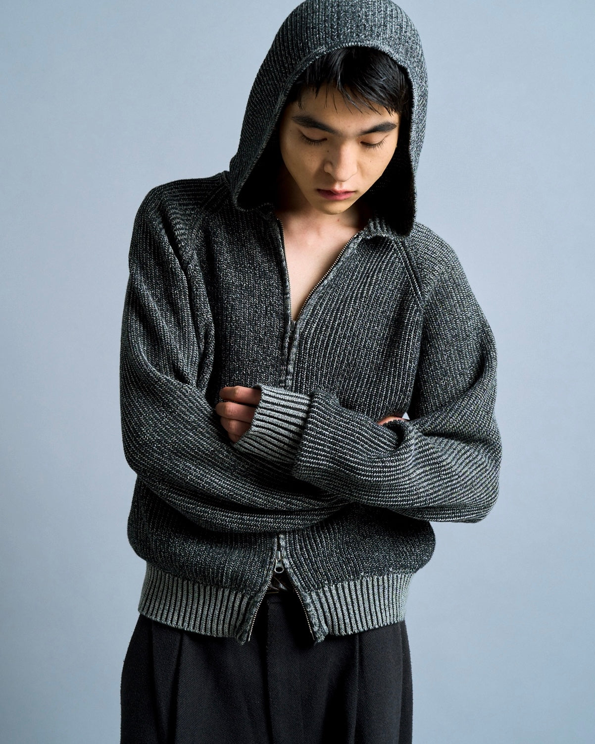 double zip mix yarn knit hoodie