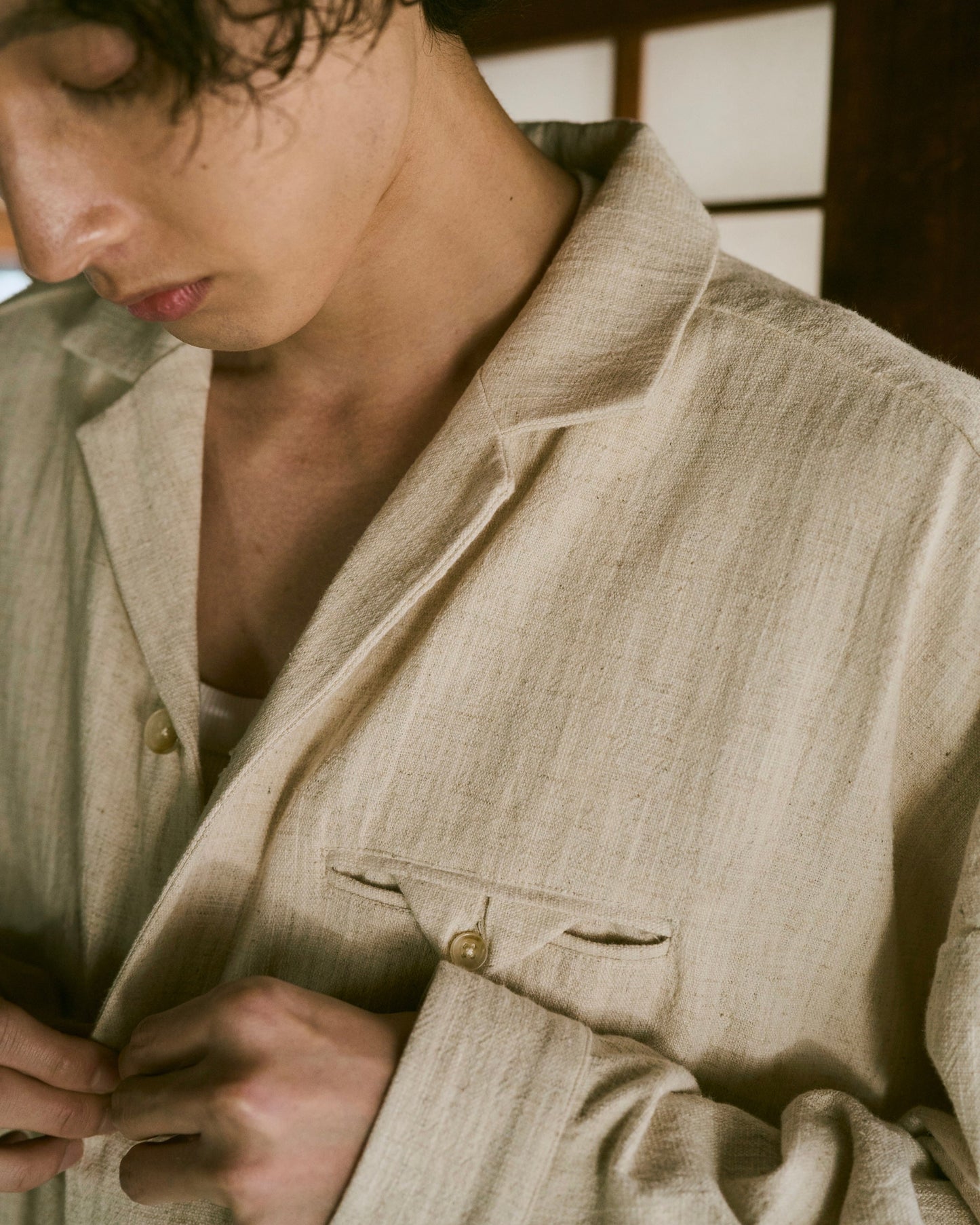 open collar cotton linen belted l/s jump suit