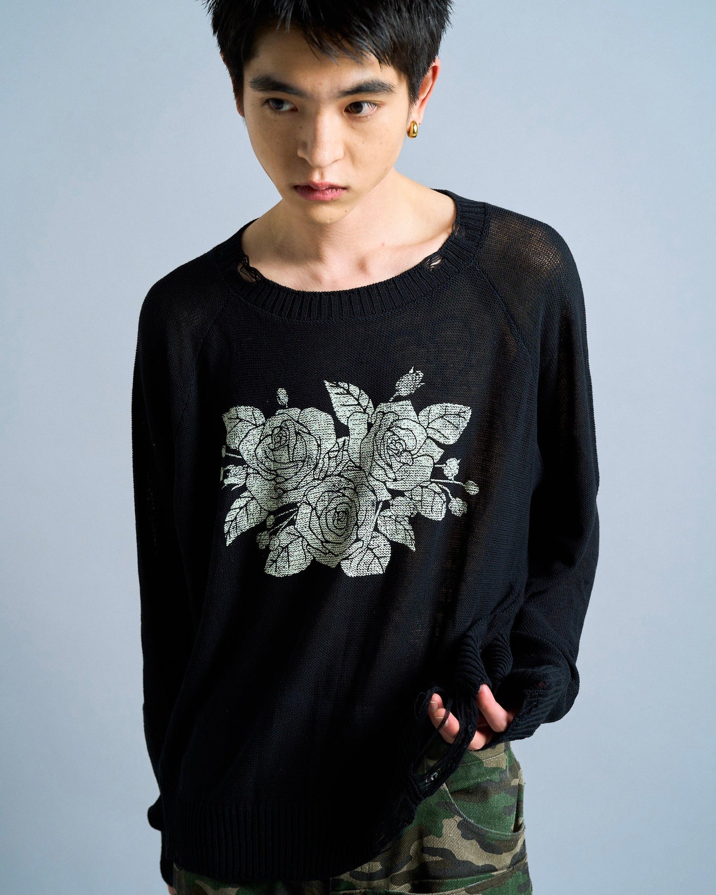 flower paint broken long sleeve sheer sweater