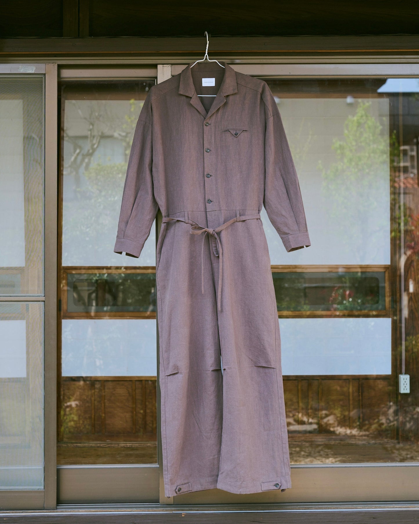 open collar cotton linen belted l/s jump suit