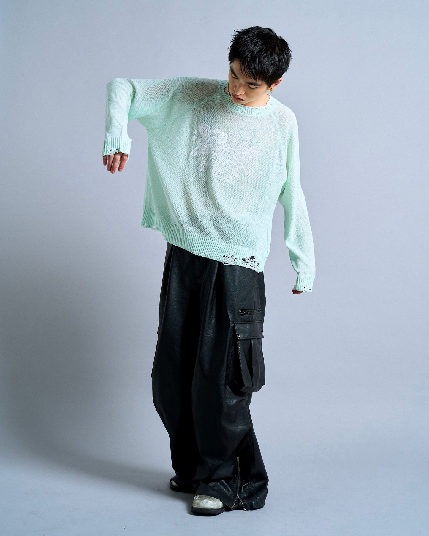 flower paint broken long sleeve sheer sweater