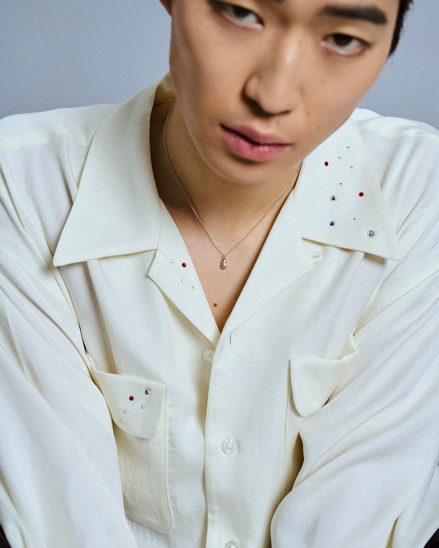 rhinestone rayon open collar l/s shirt