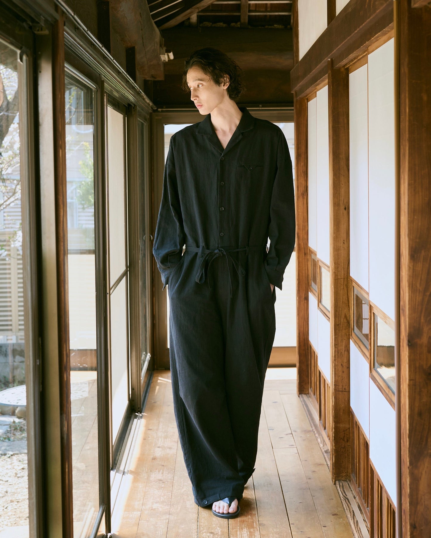 open collar cotton linen belted l/s jump suit