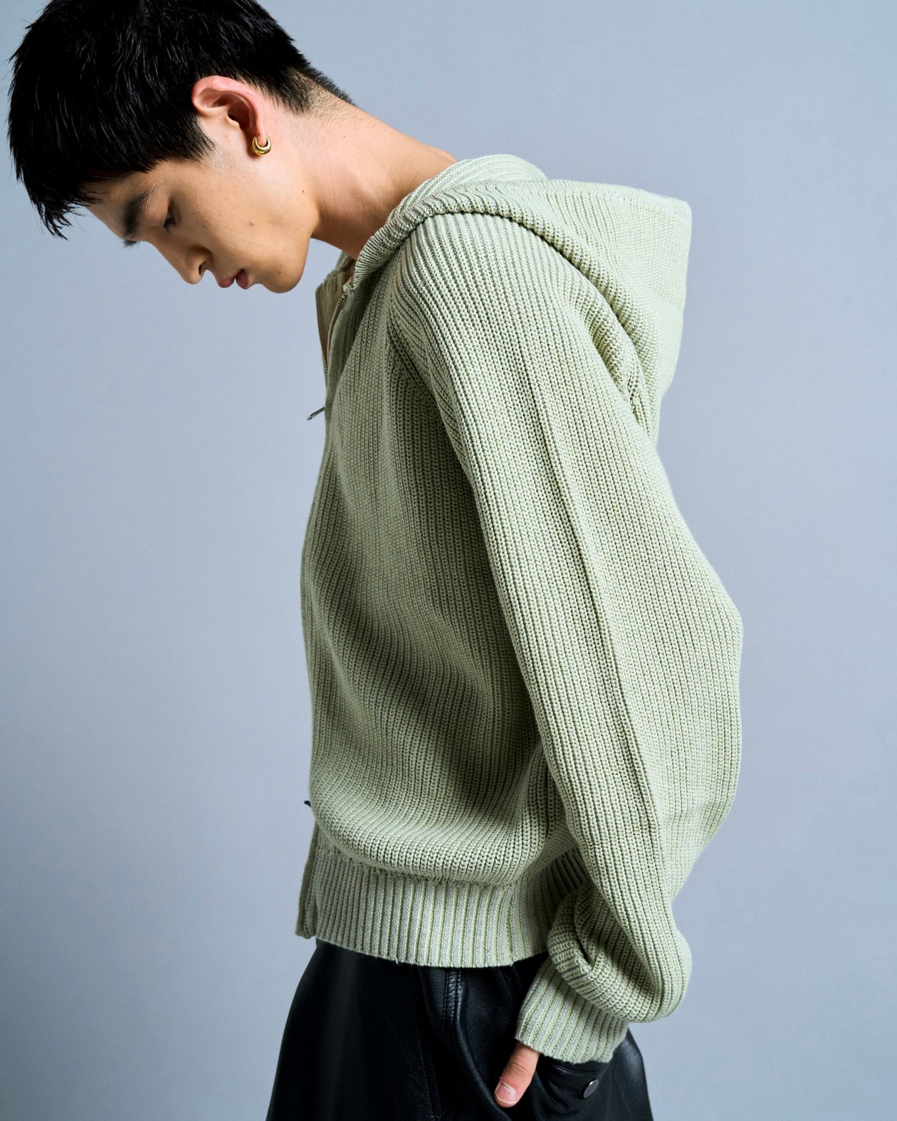 double zip mix yarn knit hoodie