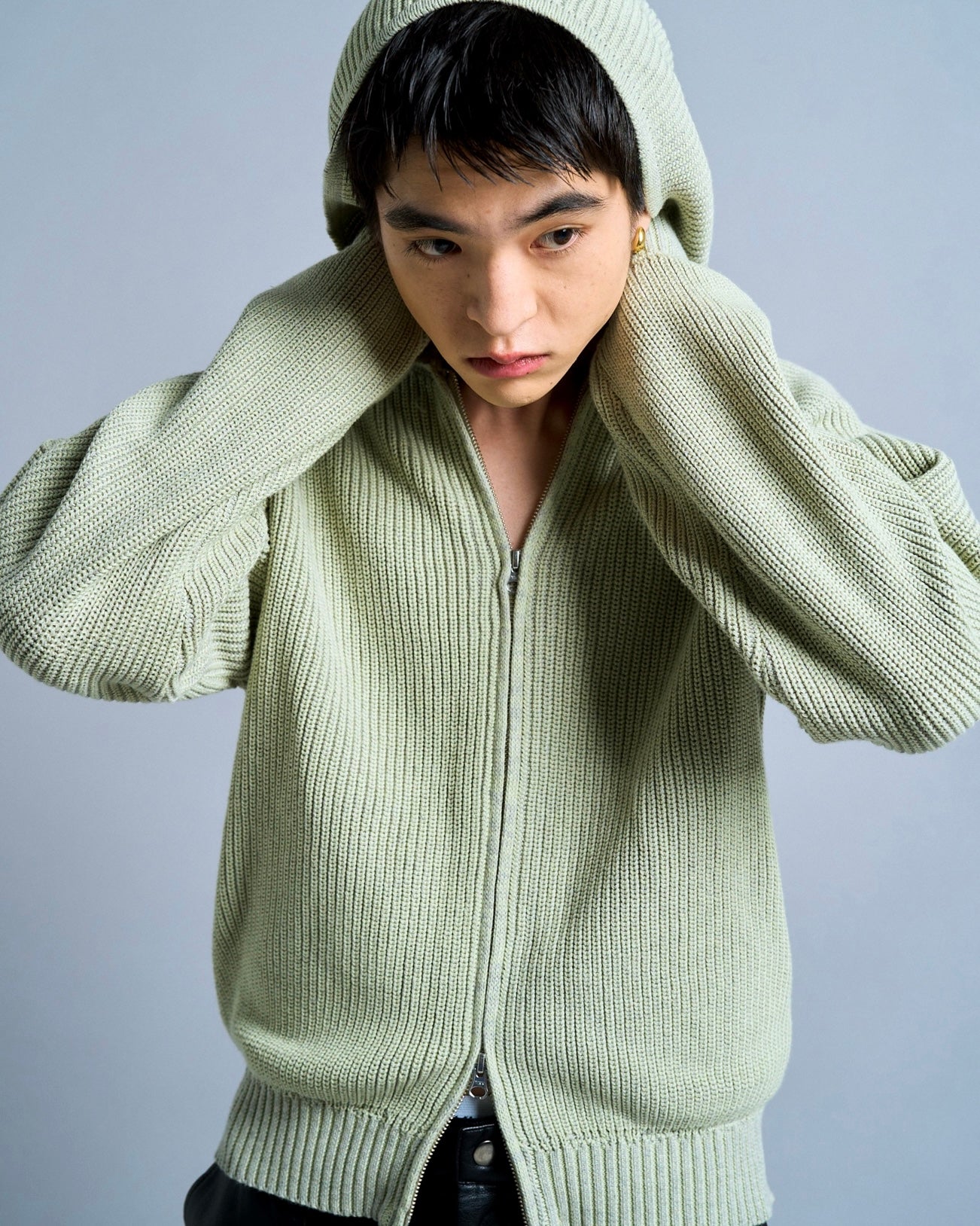 double zip mix yarn knit hoodie