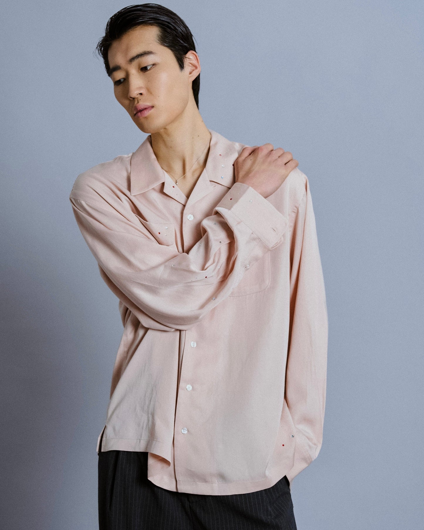 rhinestone rayon open collar l/s shirt