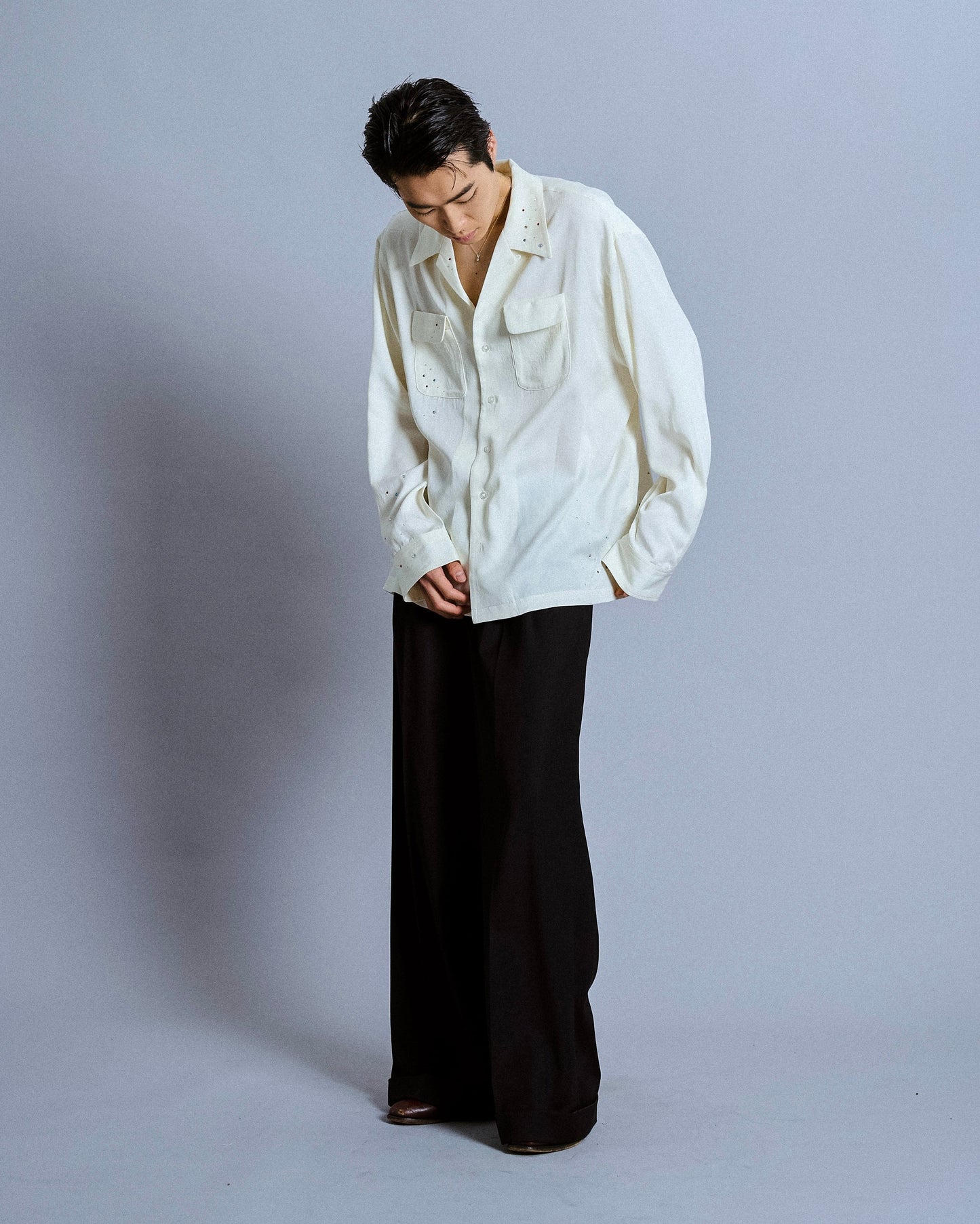 rhinestone rayon open collar l/s shirt