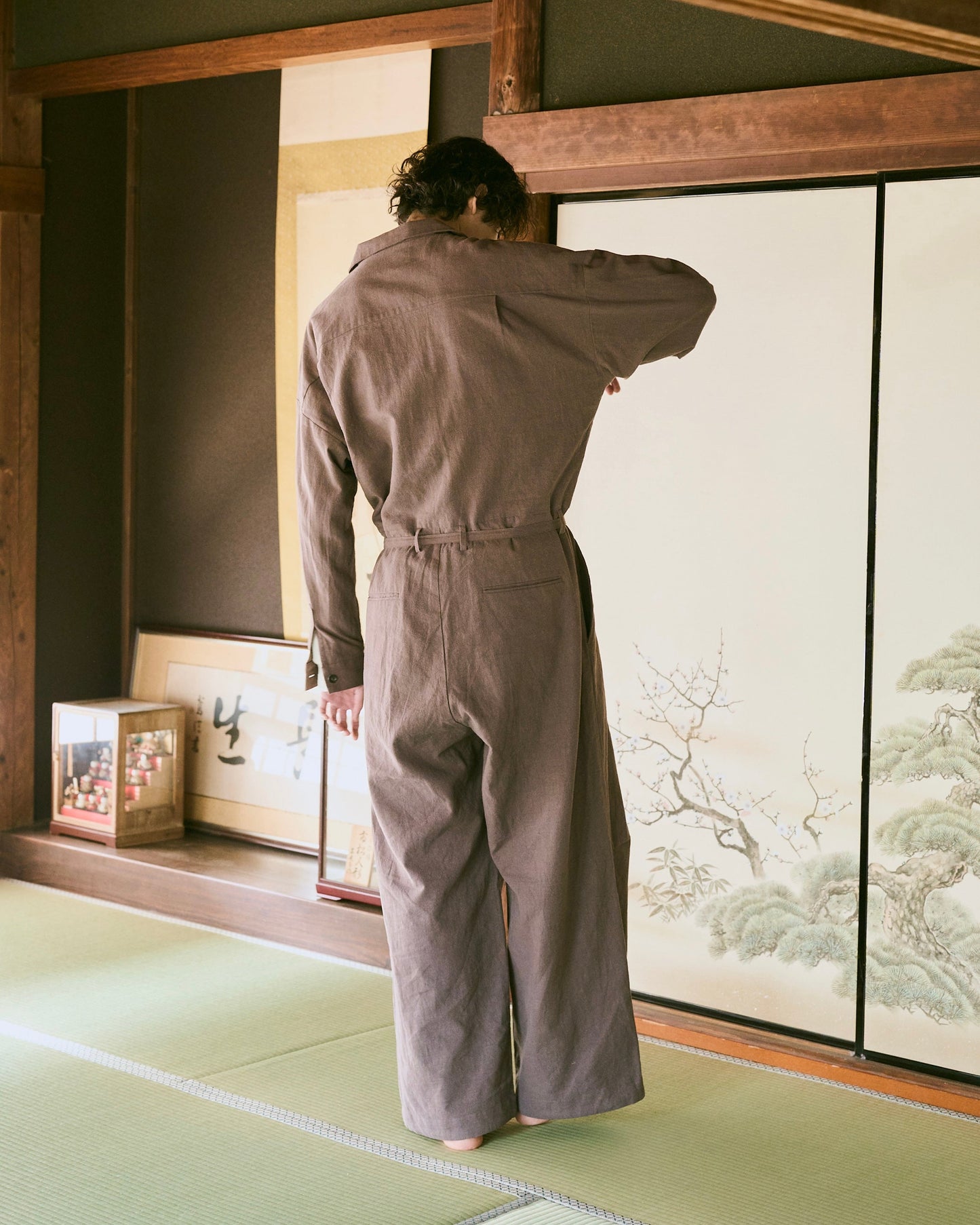 open collar cotton linen belted l/s jump suit