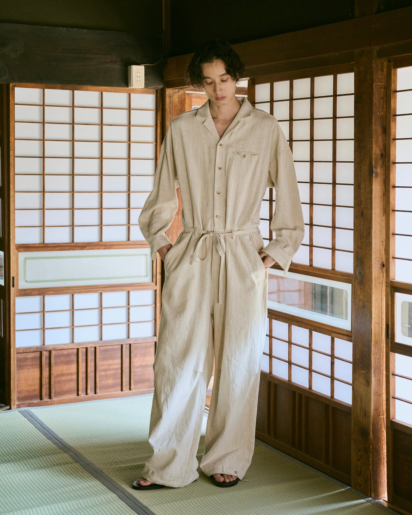 open collar cotton linen belted l/s jump suit