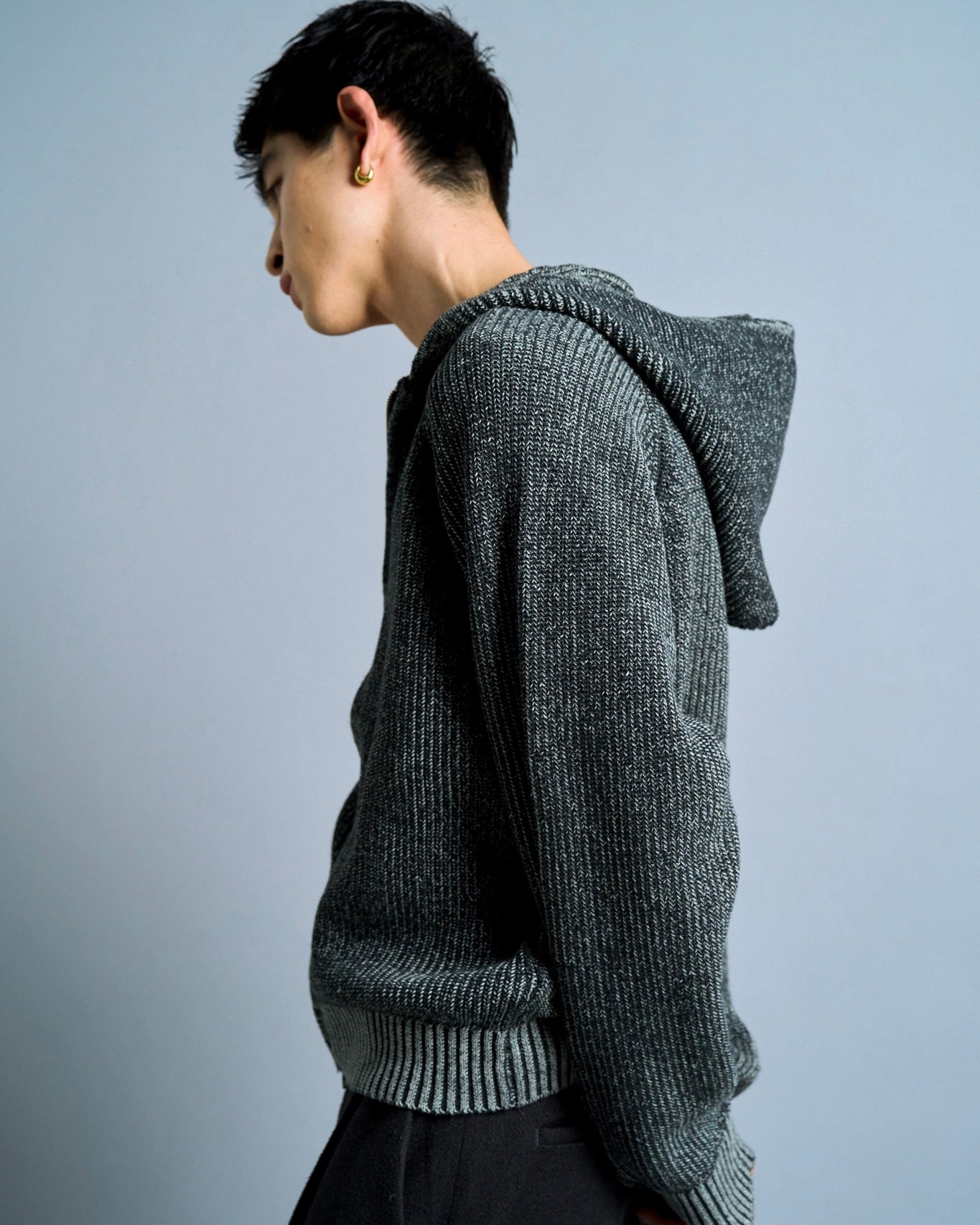double zip mix yarn knit hoodie