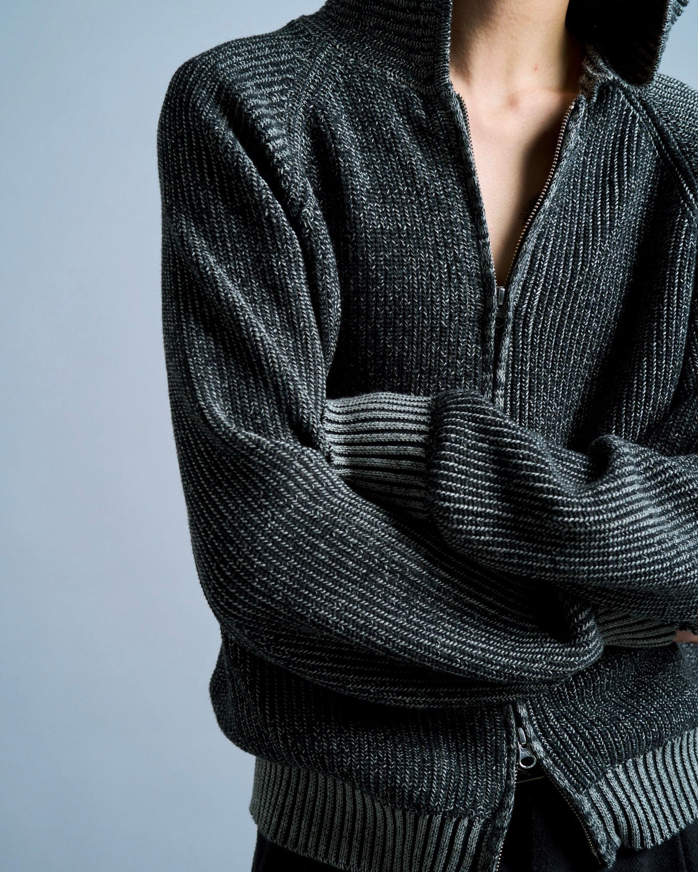double zip mix yarn knit hoodie