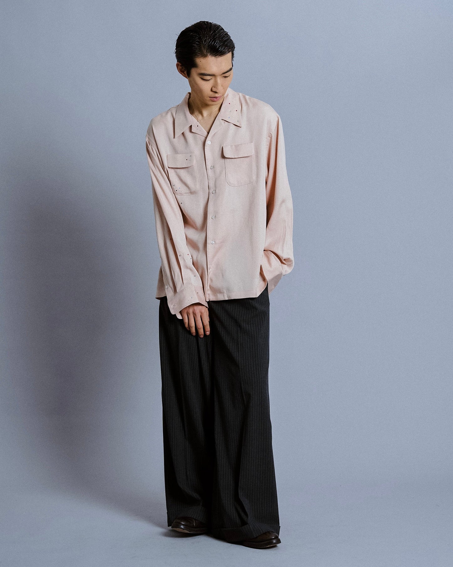 rhinestone rayon open collar l/s shirt
