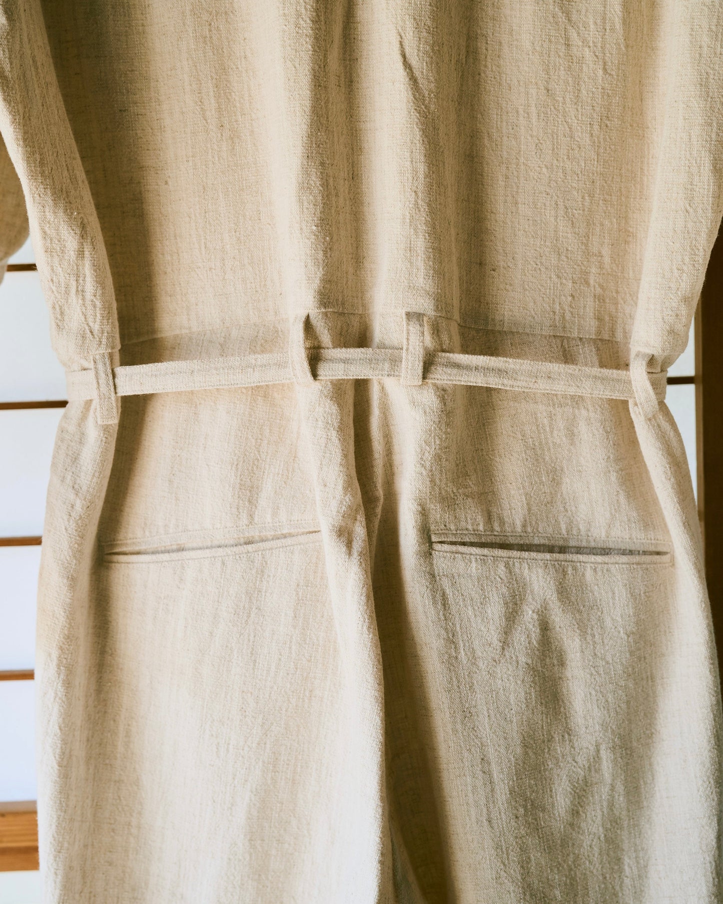 open collar cotton linen belted l/s jump suit
