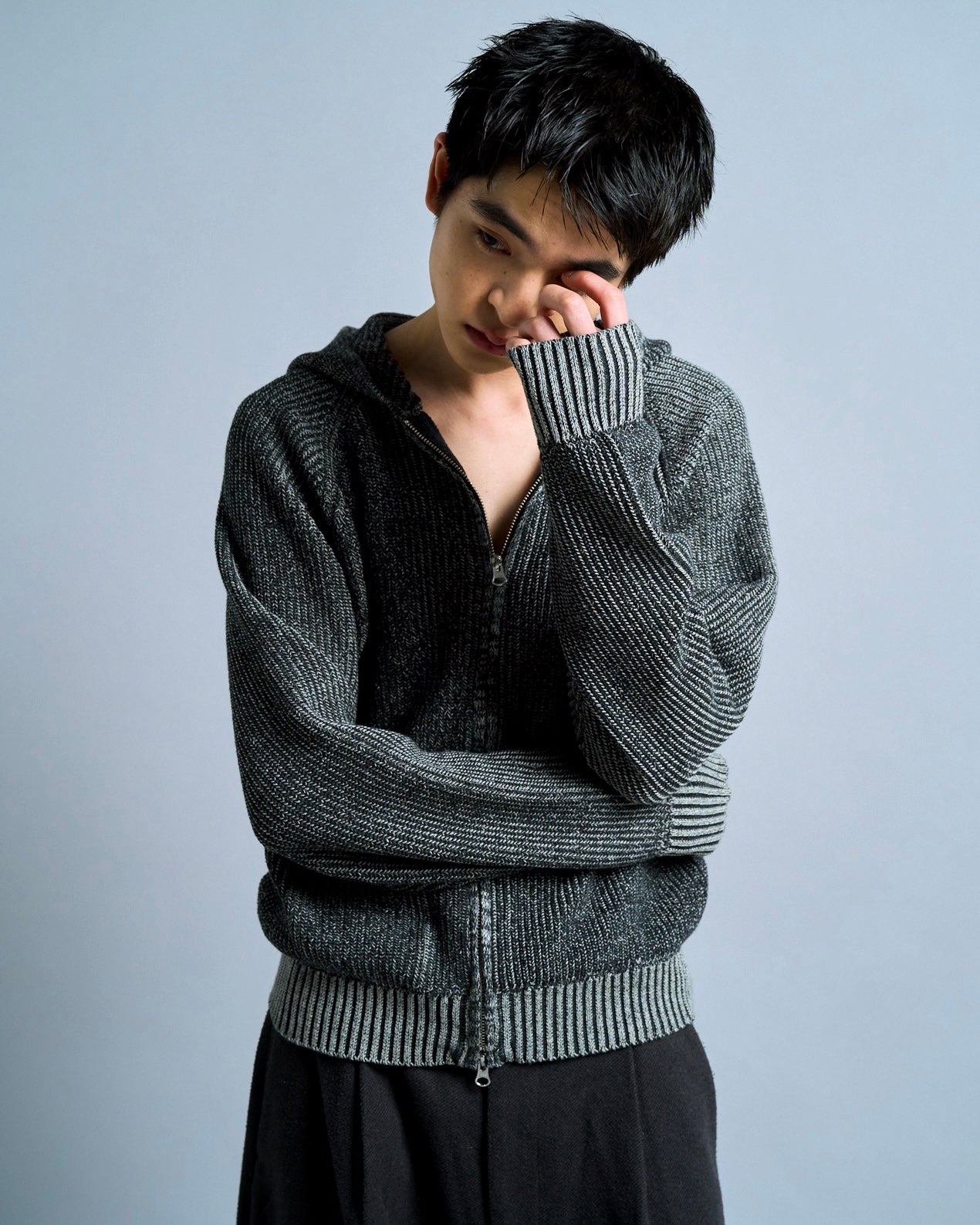 double zip mix yarn knit hoodie