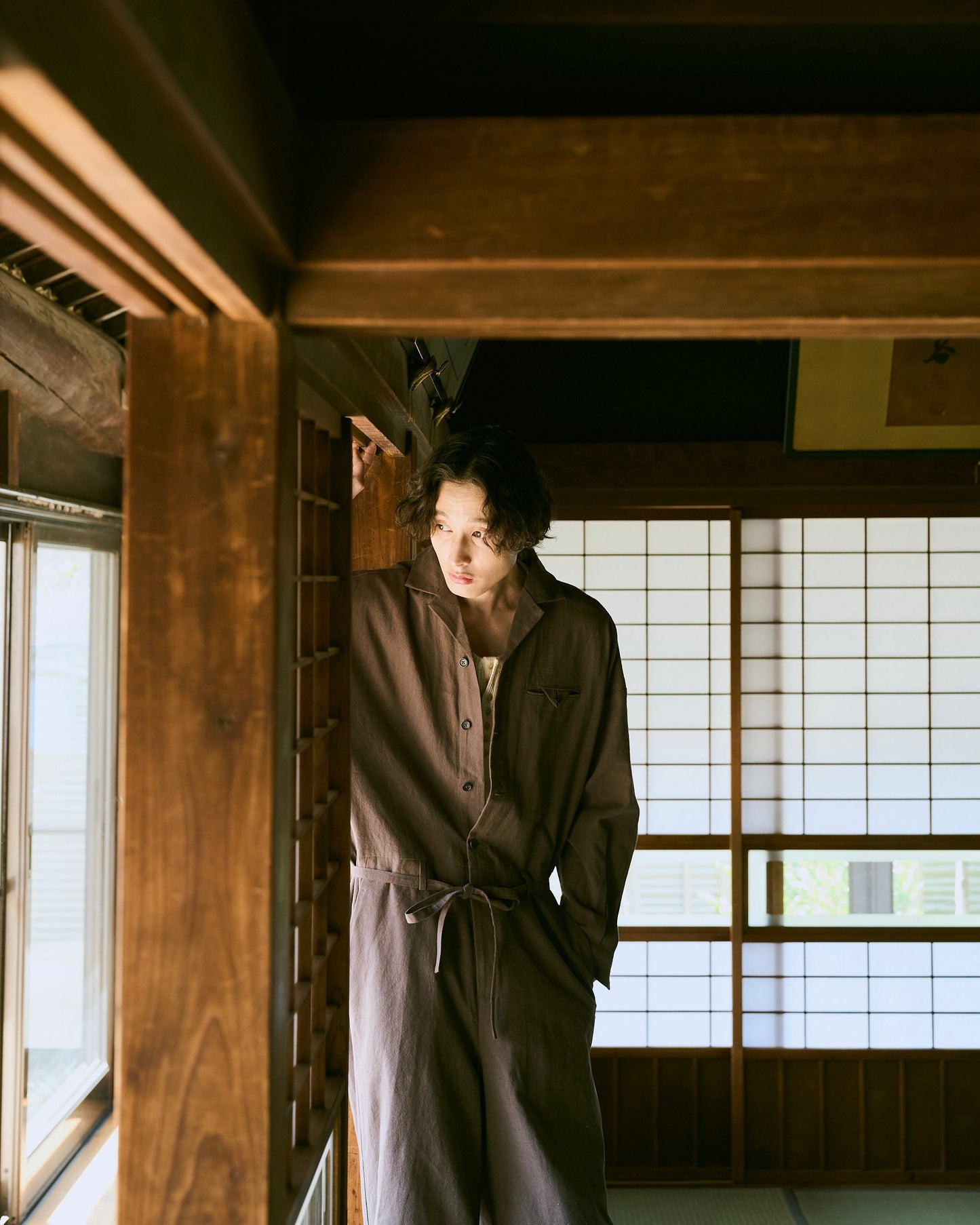 open collar cotton linen belted l/s jump suit