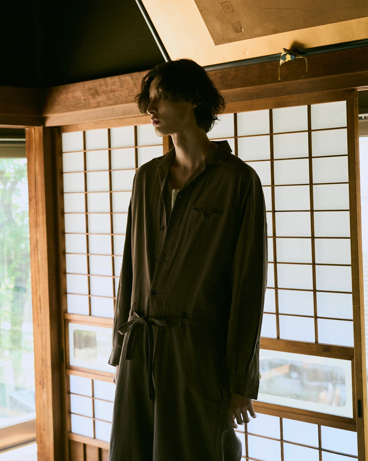 open collar cotton linen belted l/s jump suit