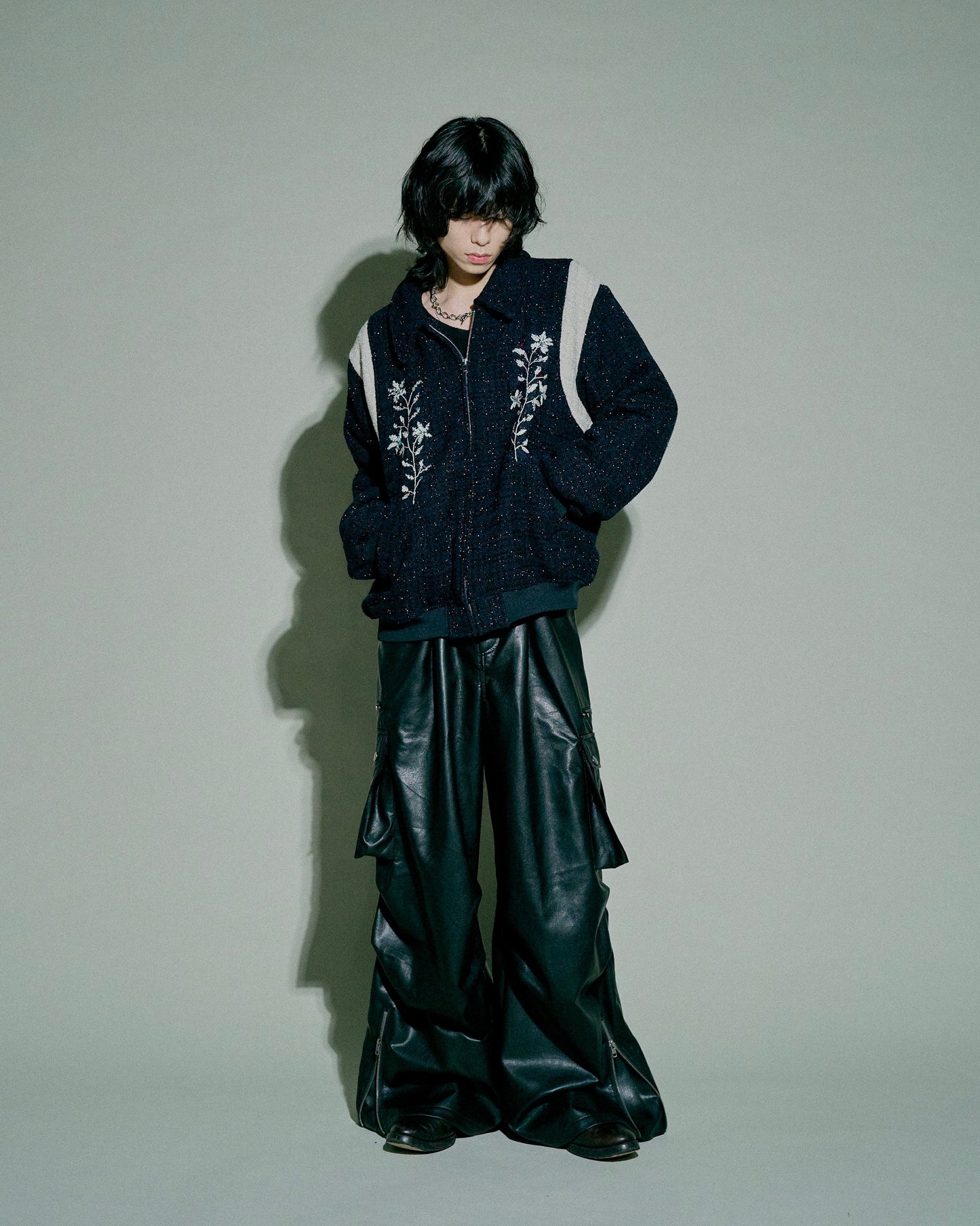 flower embroidery lame tweed varsity jacket