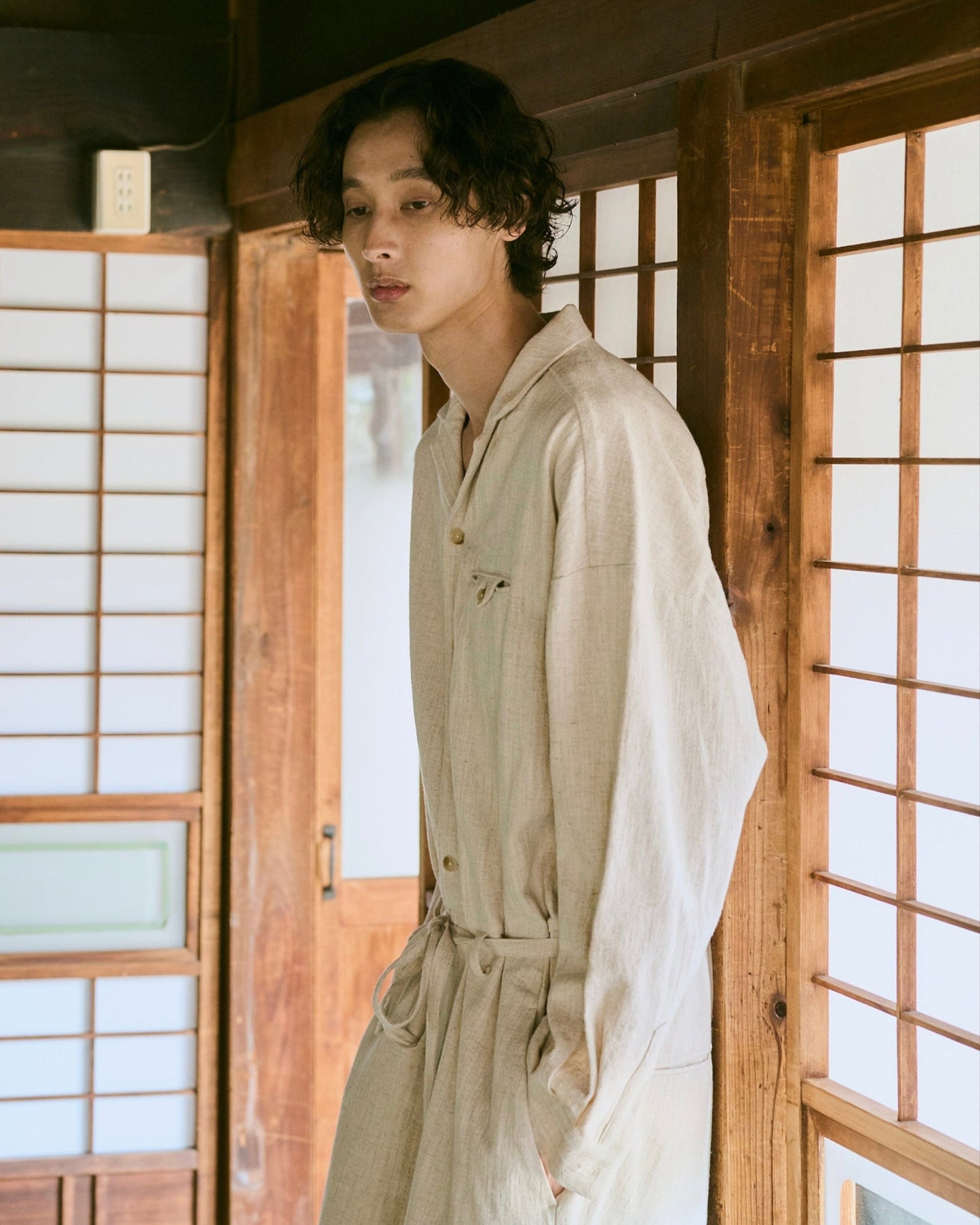 open collar cotton linen belted l/s jump suit